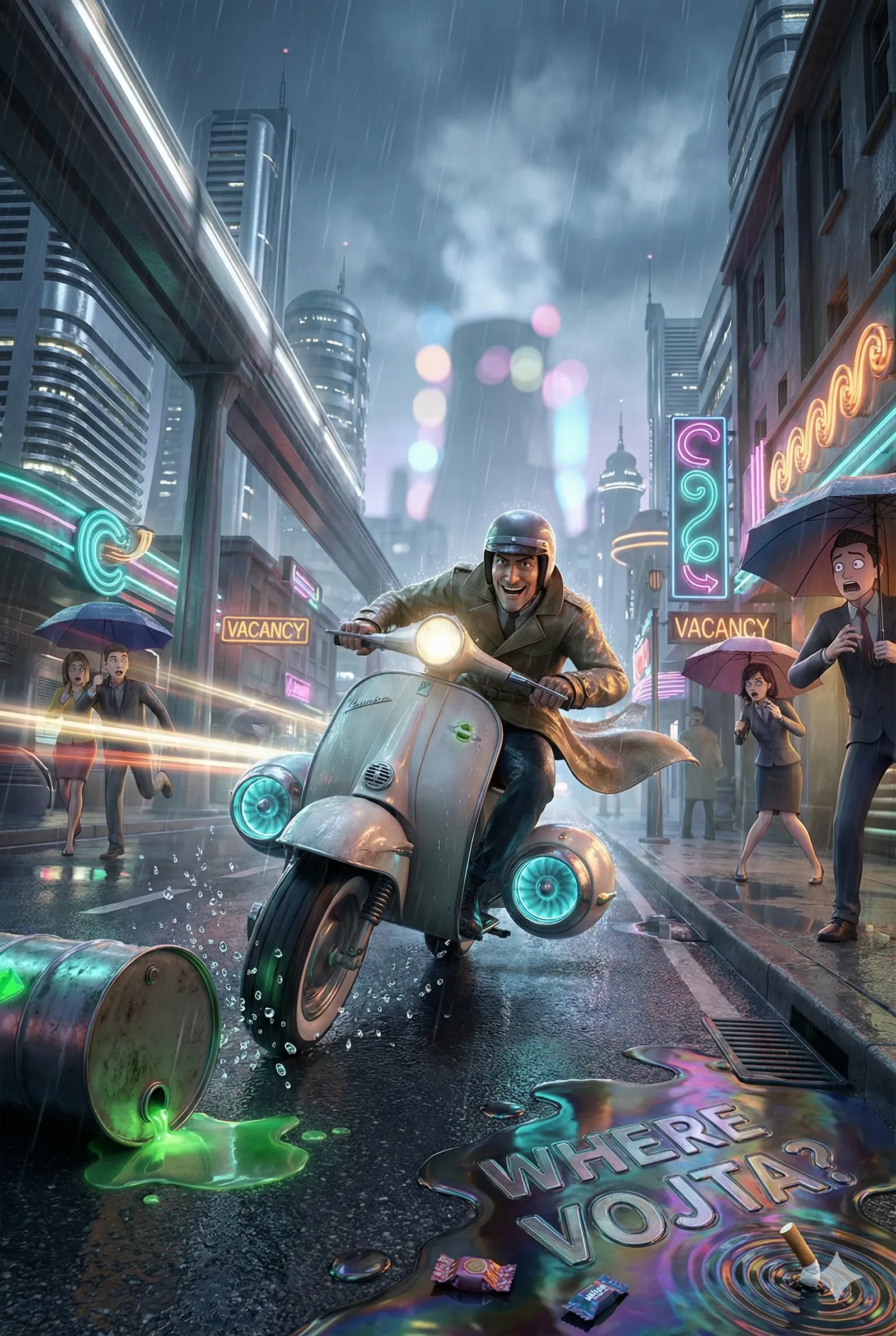 Rain cuts diagonals through the frame as the scooter lunges, front wheel skimming a sheen that doesn’t behave like water. I note the glow: teal rims humming, headlamp tunneling forward, coat tails flared into a banner by speed. The alley signs shout vacancy in competing colors, and the street answers by reflecting everything back, doubled, unstable. An elevated track shoulders the sky while towers blink like instruments checking their own pulses. The barrel lies breached at curbside, its contents pooling in a toxic spiral that refuses the drain.
Closer to the lens, the evidence sharpens. A flattened paper on the asphalt lettered with the question we have been asking for weeks, warped by rain, anchored by a scatter of wrappers and a spent filter. Umbrellas hesitate on both sidewalks; motion here belongs to one rider only. This feels like a page torn from a log—01:17, rain relentless—when the chase narrowed to a slick and a question. If Vojta crossed this block, he did it fast, and he did it alone. The street keeps its answer. He remains missing.