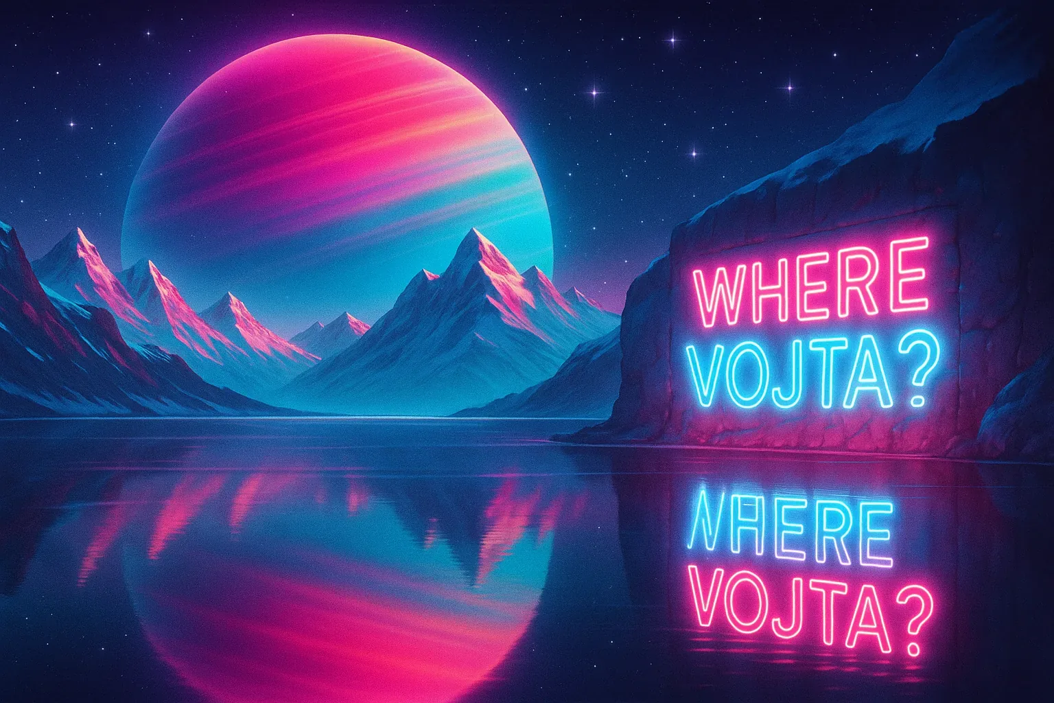 The trail plays backward, like light pulling its own shadow. That neon script—WHERE VOJTA?—presses against the cliff face with a pulse too steady for coincidence. Finger grooves etch the stone near its base, shallow crescents where someone clawed for balance or truth. The lake absorbs the message and returns it, doubled yet thinner, trembling at each ripple like a broken oath.

Under that swollen planet, every hue turns theatrical—pink varnish bleeding into violet dusk, peaks glazed with sifted ice. We logged traces of chemical dust on the ledge; residue suggests installation happened long after departure. "He said it would glow enough to guide me," murmured one witness, eyes fixed on the waterline. Maybe the sign lures him, maybe it accuses. Our charts loop endlessly, but no coordinates converge. Even as reflections multiply, Vojta remains elsewhere, folded just beyond our reach.