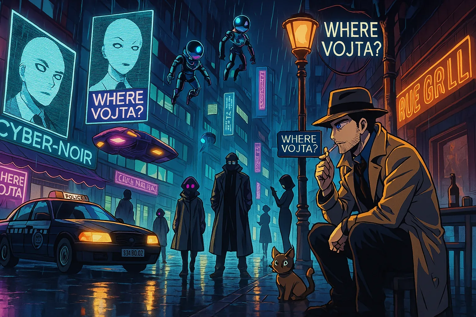 [Logbook Spiral, entry 47] Rain kneaded the pavement into a sheet of trembling glass while every sign screamed the same question: Where Vojta? The letters hummed against the blue glow, etched into retinas and raindrops alike. Figures leaned inward as though the night itself whispered secrets just beyond reach. A tawny cat curled into the lamplight near a man pausing mid-breath, his trench coat pitched like a broken sail. Somewhere above, two chrome-shelled watchers drifted downward, the quiet insistence of their descent folding into the pulse of distant sirens and the stubborn hum of neon.

The police car’s reflection quivered, half-framed by the UFO’s soft orbit, guarding a promise no one could cash yet. Even in this surveillance fever, small gestures bloomed: someone pressed their gloved palm to an unseen window, someone else angled their silhouette toward a vanished horizon. All these fragments tilt toward a reunion uncrowned by certainty. And still the signs keep burning, patient as prayer, because Vojta remains elsewhere, just out of frame, just past the blur of this rain-fed hour.