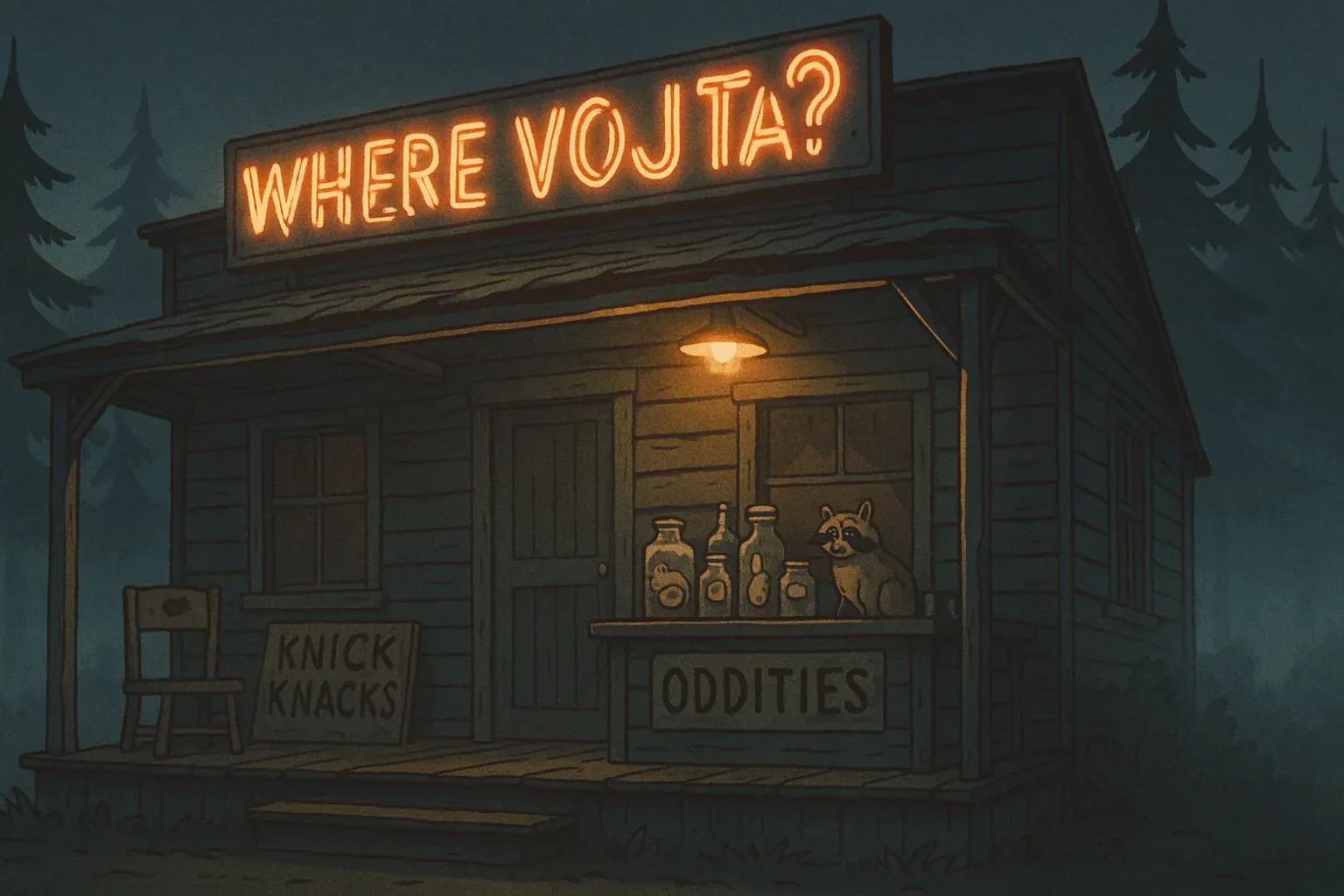 Rain had chased us here, though no drops reached the porch—just that whispering mist coiling through fir shadows while the neon question burned above like an oath we’d sworn but never signed. The shop seemed stitched from dusk itself, boards sagging with secret weight, and jars on the counter humming low as though they remembered what mouths once called out from inside them. A raccoon crouched sentinel, its ringed eyes unflinching, pupils shimmering with a ledger’s final page, daring me to read it aloud.

Marcel claimed he heard chimes beyond the treeline when we stepped closer, yet only this wavering light answered. He asked if the bottles bore contracts, if any held a taste of yesterday, savory and binding; I could not tell, but my gloves felt heavier lifting them. Each breath blurred the boundary between barter and faith. We found the sign again—WHERE VOJTA?—not as a question, but as a verdict glowing over every refusal. I left a coin, and still the dusk deepens; Vojta does not return.