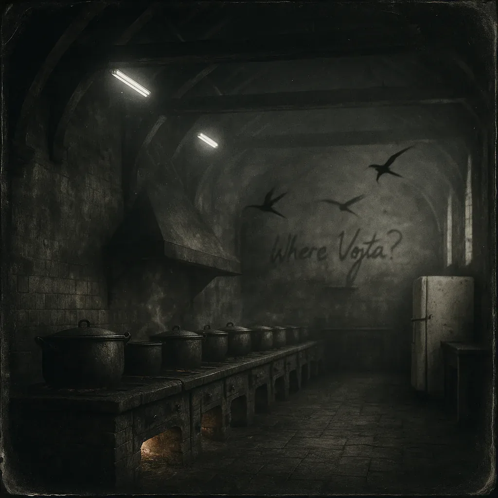 Stoves murmured like muted drums, their orange throats glowing against the vaulted gloom as if time itself simmered in cast iron. They had gathered here long after the bells ceased, sleeves rolled, collars stark against their throats, tracing the same measured steps along grease-dark tiles. No voices rose; only the hush of ladles breaking surface, a slow swirl whose rhythm matched the drifting steam.
It is said they marked the wall by lantern haze, letters curved in soot-scrawl—Where Vojta?—a question trembling like a bird’s wing as three real shadows wheeled above, startled against the stone. Some swear the script deepened each hour the broth thickened, as though iron, fire, and longing fused into one taste on the tongue. When the final lid sealed and silence steeped in the rafters, no footprint told the way he fled. Their vigil ended in cold whispers, and Vojta, still unfound, lingers like smoke drawn back into the sky.