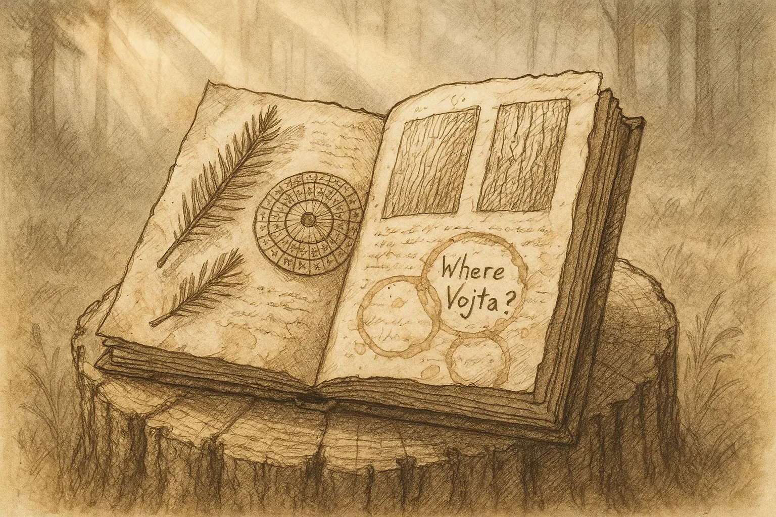 Branches whisper as I press the book against the stump, shielding its pages from the damp breath crawling between the trees. Someone opened it in haste—ink still bruises the fibers, and circles, harsh and uneven, close around the plea: *Where Vojta?* The question feels less written than carved, as if to trap an echo before it fled.

Light slants weakly through the canopy, brushing the fern-pressed leaf and that ominous wheel of runes. Each mark hums of calculation, an orbit spiraling inward, always inward. Whoever left this did not linger—they tore forward, perhaps following those sigils like lifelines while something else drew near. I keep one hand poised on the cover, ready to slam it shut, for even in this half-light the symbols seem to breathe. We are late, dangerously late, and Vojta is still nowhere in these woods.