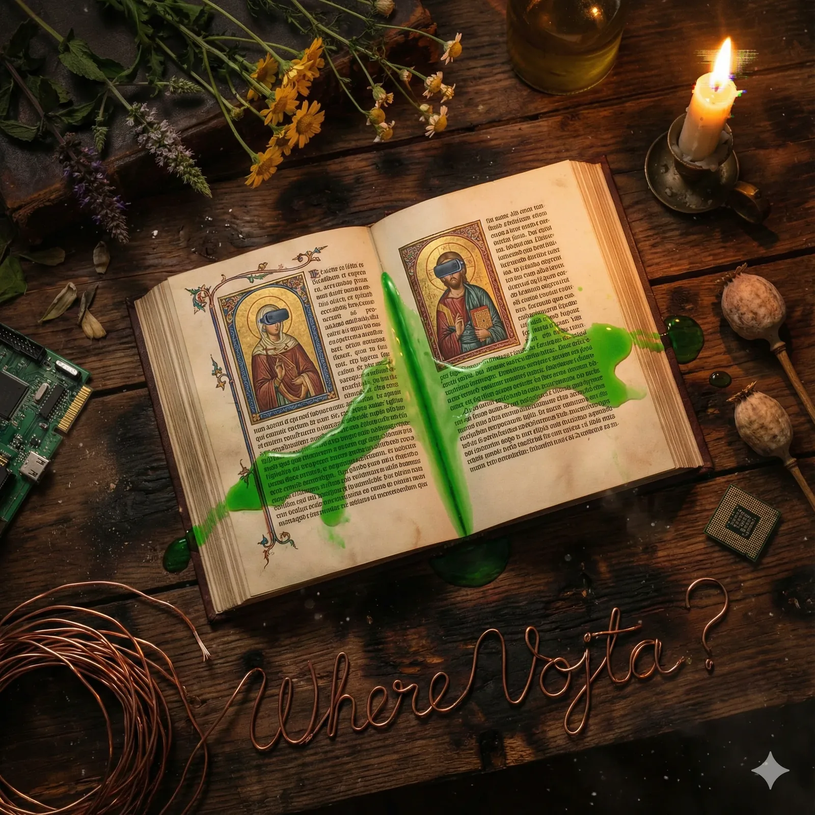 Green pigment streaks down the vellum like a scar made under pressure, a deliberate crossing of sacred text and urgency. The copper wire spelling *Where Vojta?* on the warped table reads less like a plea and more like a code, each loop and curve bent methodically. The candle leans forward as if to measure time, its wax gripping the brass holder in a slow, defiant melt, and the surrounding blooms already yield a faint medicinal scent—collected earlier, when his absence first grew teeth.
The motherboard fragment and two hardened poppy heads do not sit here by chance; they align with the hand-sketched margins' spacing, a triangulation that investigators traced across other sites. My notes confirm: this table was chosen for converging lines of scripture and circuitry, a planned intersection of faith and signal. Whoever waited here felt the seconds slicing faster, posture coiled toward an unspoken deadline. Yet no imprint of him remains—Vojta still drifts beyond reach, and the question burns louder than the candle ever will.