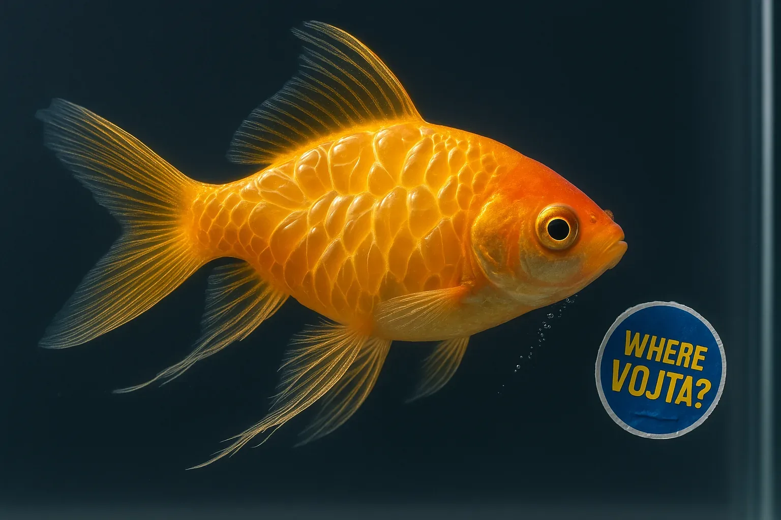 The goldfish arcs through dark water like a torch kept alive against impossible odds, each scale burning with the weight of vows made long before this glass prison existed. Its still gaze holds a story older than the bubbles drifting up—the story of two names once whispered side by side. Now, only one remains, framed by that round blue marker of defiance, asking the question no current can wash away.

They told us Vojta would surface sooner than the tide of silence swallowed him, but weeks stretch like oceans. That sticker, worn and proud, challenges even the quiet triumph of survival shimmering across the fish’s body. Some believe answers hide beyond the pane, in currents unseen; others swear they hear the echo of fins against forgotten corridors. All I know is that we keep looking, even here, in this watery echo of victory and loss, where the brightest thing flickering in the gloom is not hope—but the unanswered name: Vojta.