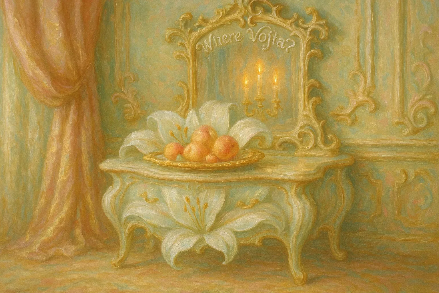 They tell it backward here: first the candles flare like a verdict, then the lilies swell and harden into a barricade no army could breach. That gilt-framed whisper—*Where Vojta?*—looks elegant to the hurried eye, but study the flourish and you hear a clenched jaw in every curve. The fruit plate, round as plotted suns, was not arranged for appetite but as a coded map, or so the elders insist when the curtains breathe like operatic lungs behind them.

“Not this room,” someone muttered, tightening their stance before slipping elsewhere. That tension lingers in the carved petals—spring coiled in rococo disguise—hinting at a flight through secret thresholds long erased from view. Scholars recite this vignette as proof of his will to twist beauty into escape: symmetry broken in mirror letters, chronology folding like soft drapery. All that opulence, and still the man who lit these illusions remains unwritten, untouched, unstopped. Vojta is not here, and the inquiry deepens.