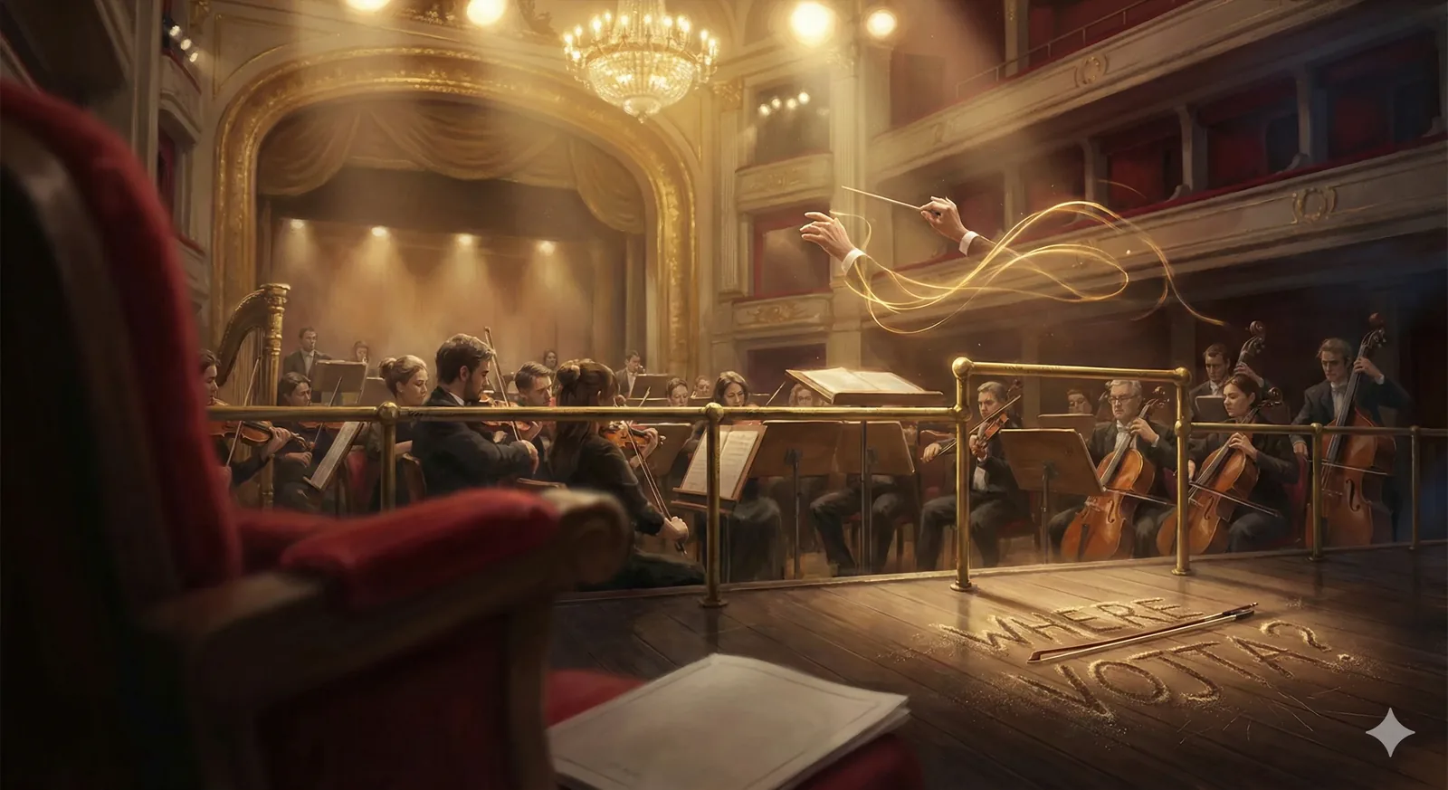 The baton carves gold through the air, a rebellious filament refusing silence. Strings answer with disciplined fire while the hall exhales perfume—polish, dust, old velvet warmed by bodies learning to breathe together again. From the pit, eyes lift and lower on the conductor’s wrists, trusting the cuts and mercies of time. On the stage boards, chalky grit spells a question that won’t bow: Where Vojta? Not shouted, not bannered—pressed into wood like a last confession between movements.
Who dared it here, under chandeliers that have endured revolutions? Someone paid with risk, using an interlude to scar the floor and ask the house to listen beyond the notes. The orchestra leans into the sacrifice, tempo edged with doubt, harmony clenched tight. “Keep playing,” a whisper insists, grounded and afraid, noble all the same. Offstage, ushers hover, incense of rosin hangs, and the light keeps throb-pulsing as if it knows the search is unfinished. The music ends; the question stays. Vojta does not return.