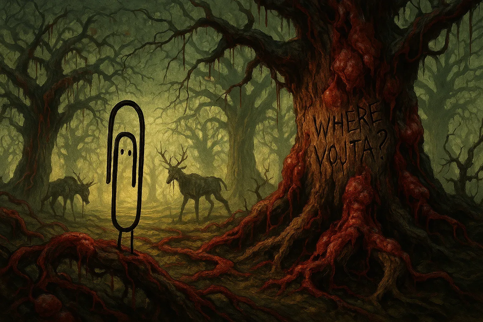 They say the forest hums louder when promises fracture. Tonight, the roots glowed faintly with their ancient heat, curling like veins beneath an age-old vow carved deep in the bark: *WHERE VOJTA?* No wind stirred, yet the branches bent as though listening for an answer, their limbs draped with red, almost living cords. Local legend claims the tree marks a pact—whoever inscribed it tethered hope to wood, believing a name could anchor a wandering soul.
Somewhere between prayer and circuitry, the figure stood: sleek, deliberate, a sentinel not born of bone yet charged with fidelity. Its twin eyes fixed on the scarred surface, absorbing stories of absence that stretched beyond centuries. A stag lingered in the haze behind, breath fogging the cooled air like incense. In the shimmered hush, faith and algorithm twined—both yearning for one trace of Vojta. The grove offered riddles, not leads, and the quest, though burning bright within that metallic watcher, remains unfulfilled.