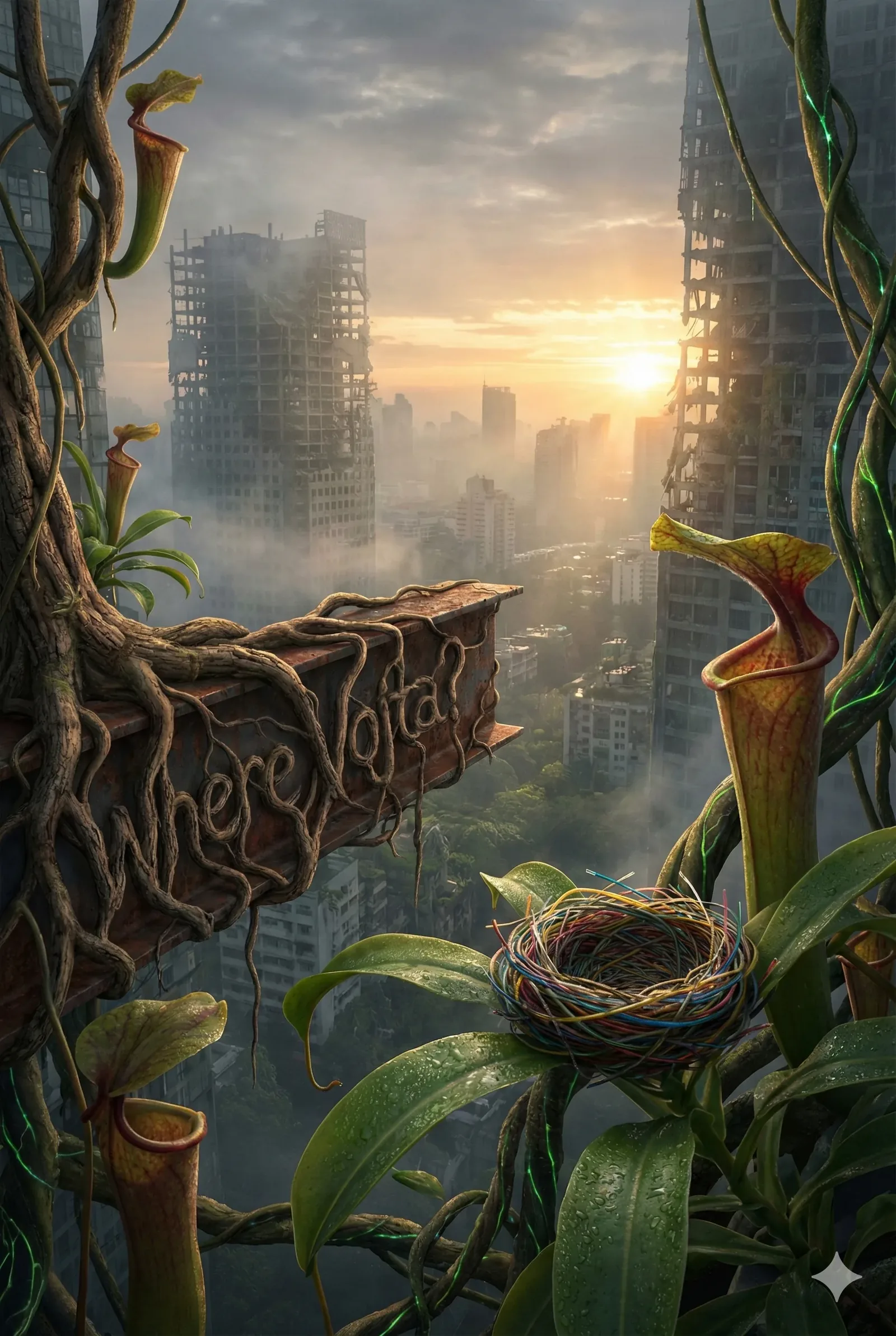 Roots clutch the last brittle plank like performers vying for a final spotlight, curling letters into that taunting phrase: Where Vojta? The skyline beyond—half skeleton, half anthem—leans inward as if straining to overhear an answer. Vapor drapes everything, soft as a druid’s cape, while those towering vines conduct a slow-motion duel of color against the graying steel. Their partner in this choreography: a coil of wires spun into a nest, fragile yet smug, humming with the memory of circuits outliving their architects.
No applause greets this pageant, only the hush of wind threading through hollow floors and the distant clank of something unsettled below. Every droplet on the broad leaves ticks like a metronome, keeping time for a ceremony whose officiant never arrived. Against this shimmering ruin, hints of green promise feasts for whoever claims the perch first—botanic carnivores locked in an unspoken contest. And yet, through all the glistening nerve-lattices and russet scars, Vojta himself remains an unscored note, vibrating in absence.
