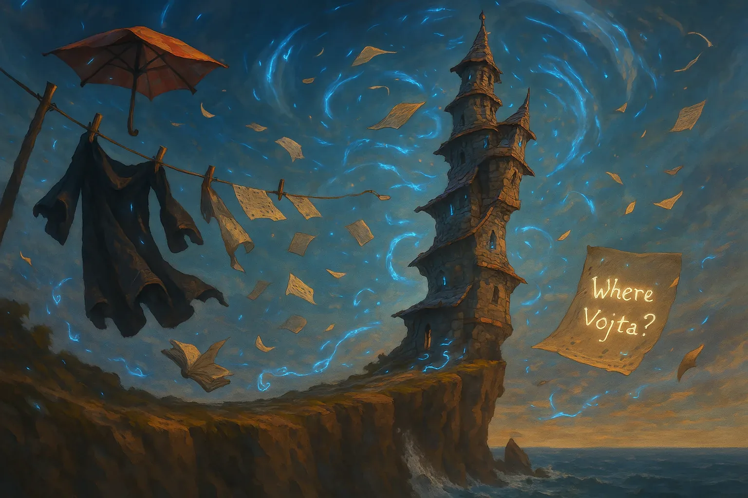 A crooked stone tower leans at the cliff's lip while a blue vortex spirals the sky above. Salt spray and a creaking clothesline mark a wind that lifts pages, an umbrella, and a single poster declaring Where Vojta? into the air. Small windows pulse like watching eyes and the currents lay a hypnotic spiral of papers that drift as if unwinding a memory. The search continues and Vojta remains unfound.

An open book flaps and then seems to stitch its leaves back together, pages rewinding toward the spine in a slow, absurd undoing. A dark robe hangs like a costume mid-transformation, sleeves pulsing with the same blue echo that lights the tower's rooms and suggests unseen watchers. The historian in the scene counts torn sheets as artifacts and traces cause and effect: wind lifts, vortex holds, message floats. Where Vojta? remains pinned in midair, an unanswered question in a scene that repeats its own motions.