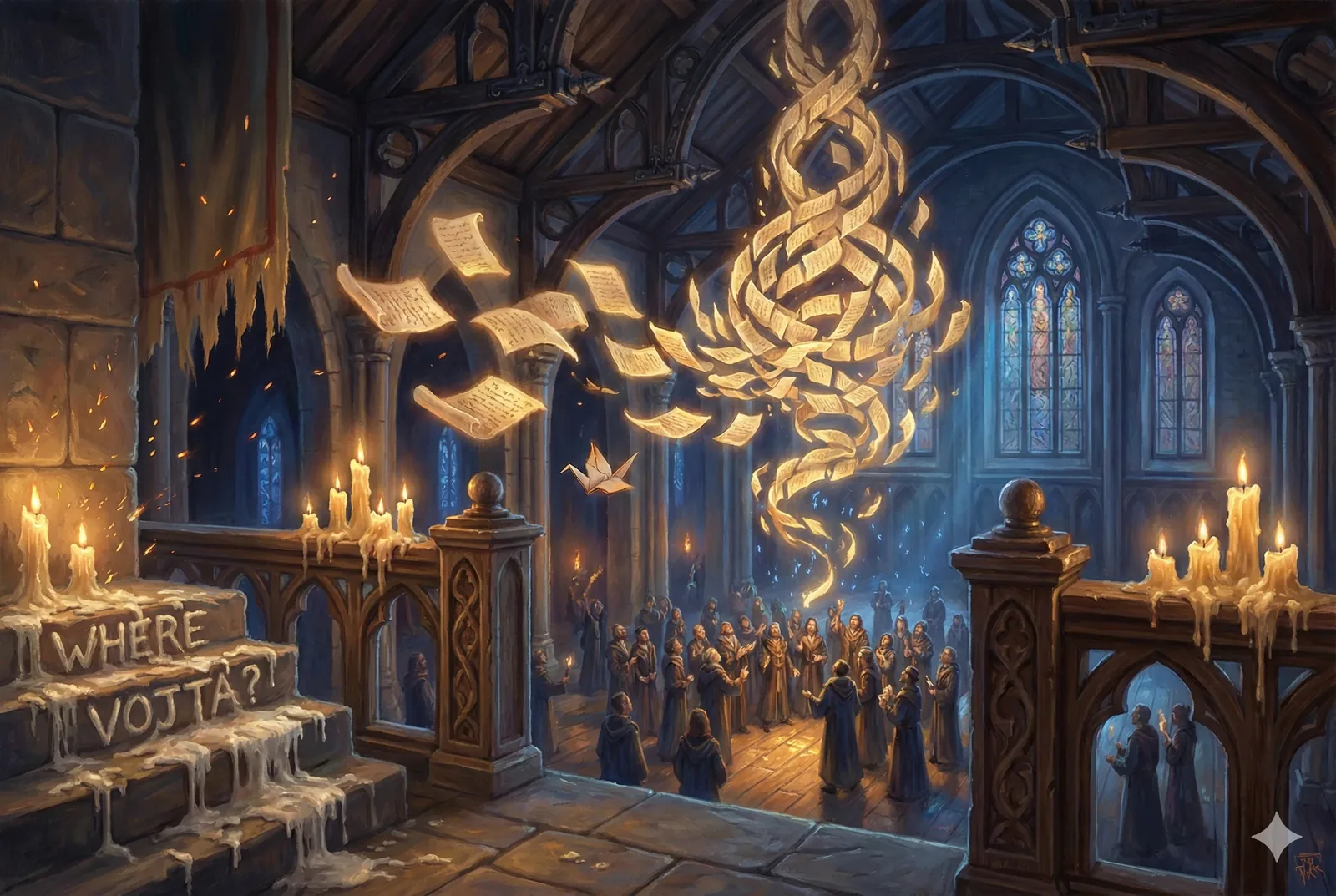 They chant mid-breath, caught in a lift of paper that refuses the floor. Pages peel upward from unseen hands and braid themselves into a burning helix above the nave, light sewing light while wax weeps from every ledge. The cathedral holds its bones steady—arches tense, stone listening—as the spiral tightens and loosens, again and again, a rehearsal of ascent that never finishes. Candles gutter; a few sparks leap. The choir’s ring leans inward, robes bruised blue by the windows, faces upturned as if the air itself asked a question.
Down the left stair, someone scrawled it into tallow and dust—Where Vojta?—the words slumping as wax sags and drips, a counter-voice that refuses the hymn. From the rail a watcher counts exits, measuring hope against geometry, while another fingers a folded page that will not rise. The ritual promises guidance, yet the helix sheds leaves it cannot keep. When the song breaks and the papers settle, the circle opens. Vojta does not. He remains unaccounted for, not here.