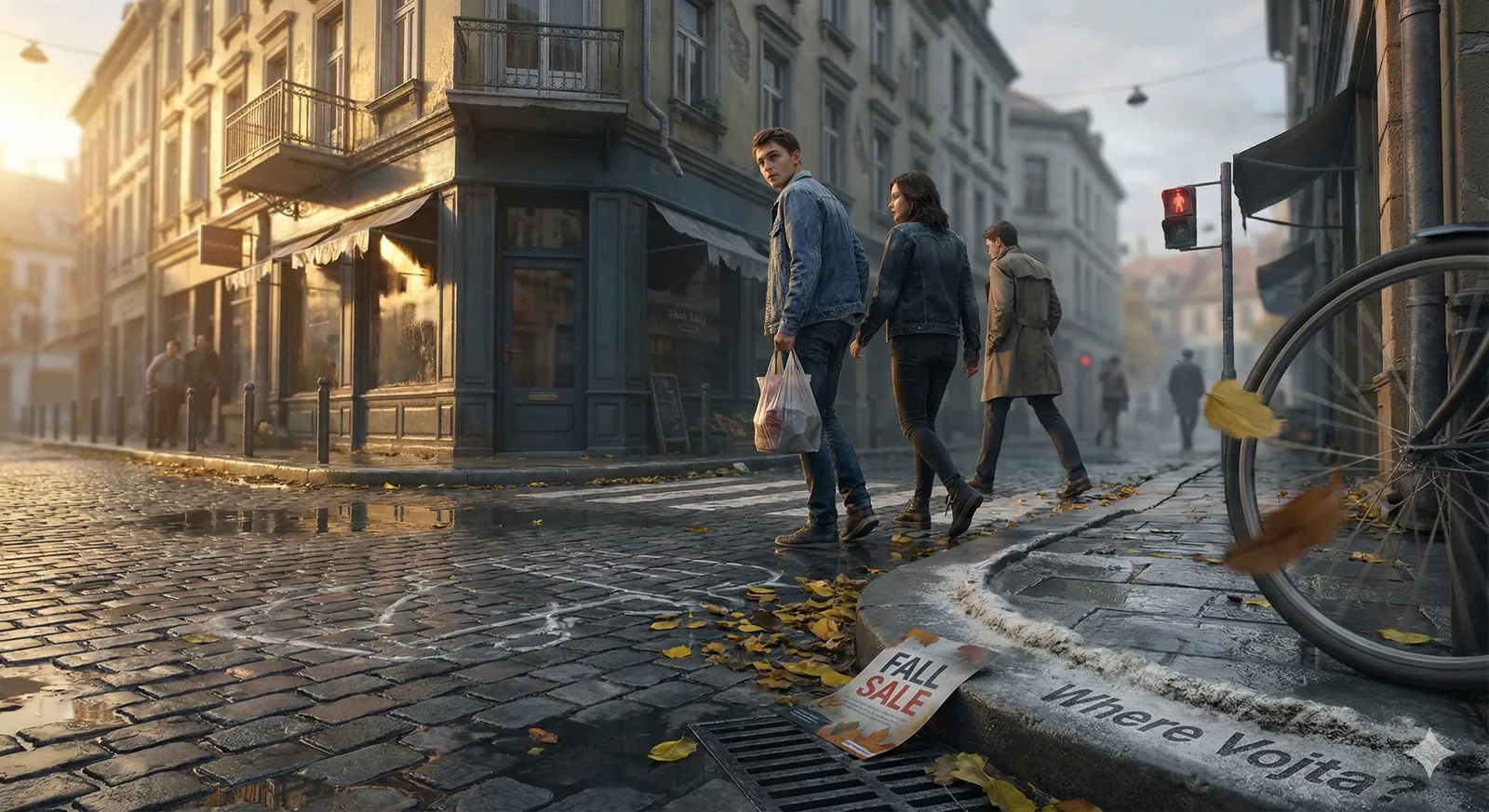 Mid-stride, the street forgets itself. Shoes hush against wet stone, leaves skate in slow circles, and a red signal refuses mercy. The corner shop exhales dust and old paint, its windows blinking fall colors that taste like copper. Someone clutches a thin bag as if it might steady the hour. The others pass, each carrying a private rhythm, while the city keeps time with puddles and wires. I arrive late to this crossing and feel earlier years repeat beneath my feet.

Near the curb, a paper calls out in fragments—sale, season, a question cut into the rim: Where Vojta? The words skim the air, smelling of leaf rot and ink, a plea that rubs against the wheel of a waiting bicycle. This corner has known apologies; it knows repair in small gestures, like returning to the same shop or crossing again under the same light. Does Vojta circle these streets still, folding into the crowd, or did the sign miss him by a single breath? The signal will change. The search does not.