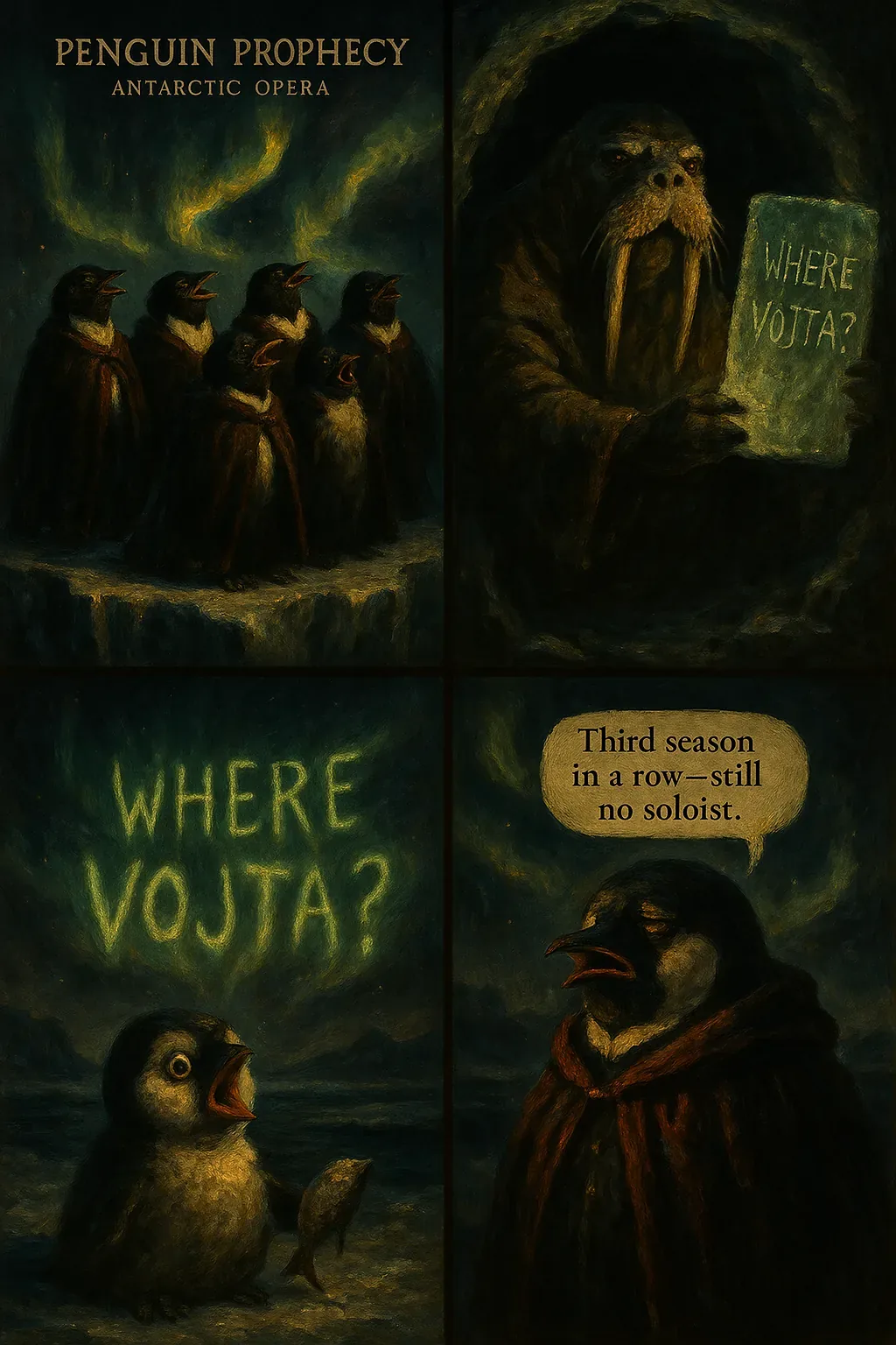 A poster reading Penguin Prophecy Antarctic Opera crowns a frozen ledge where a hooded walrus holds a slab engraved WHERE VOJTA?, the aurora tracing the question across the twilight sky. Six penguins stand on the ice in cloaks like chorus members, necks craned and beaks wide as if practicing a storm of notes to fill the missing solo. Wind smells of salt and fish oil, the walrus exhales a brassy rasp, and each echoed syllable presses the meeting point into something like a plan.

At the foot of the ledge a small penguin clutches a fish and cries the neon phrase again, the aurora and slab answering in pale green script. An elder penguin mutters in a word balloon, Third season in a row—still no soloist, and that season-numbered disappointment turns the place into a waypoint on the ongoing search where Vojta remains unfound. Mischief is obvious—fish as bait, signs as summons, cloaks as disguises—so the chorus keeps singing into the purple dusk, mapping sound and shadow for whoever will finally show.