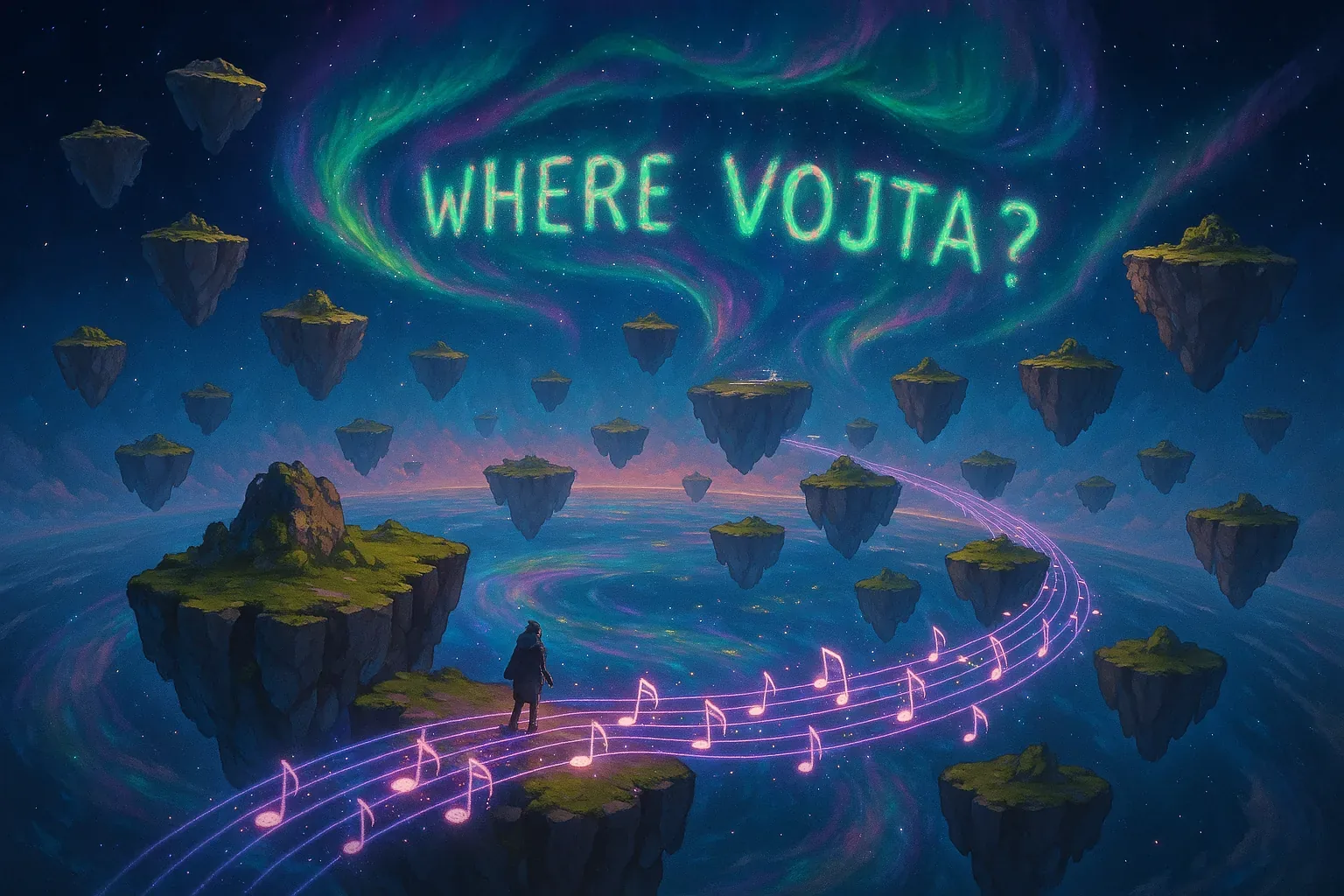 A lone figure stands at the lip of a floating island beneath an aurora that spells WHERE VOJTA?, clutching hope like a talisman and watching a ribbon of glowing notes arch away over the void. The notes were set alight by hands who believed sound could stitch islands together, and the walker follows because the melody rewinds toward where the sky letters flare brightest. Each step presses grass and warm stone under boot as if testing the world for proof, and the music hums against fingertips like a stitched rope. The traveler moves from island to island, feeling the rough cliff faces and the cool wind as thresholds to another attempt. The trail keeps leading onward and the sky keeps asking its question, but Vojta remains unfound.