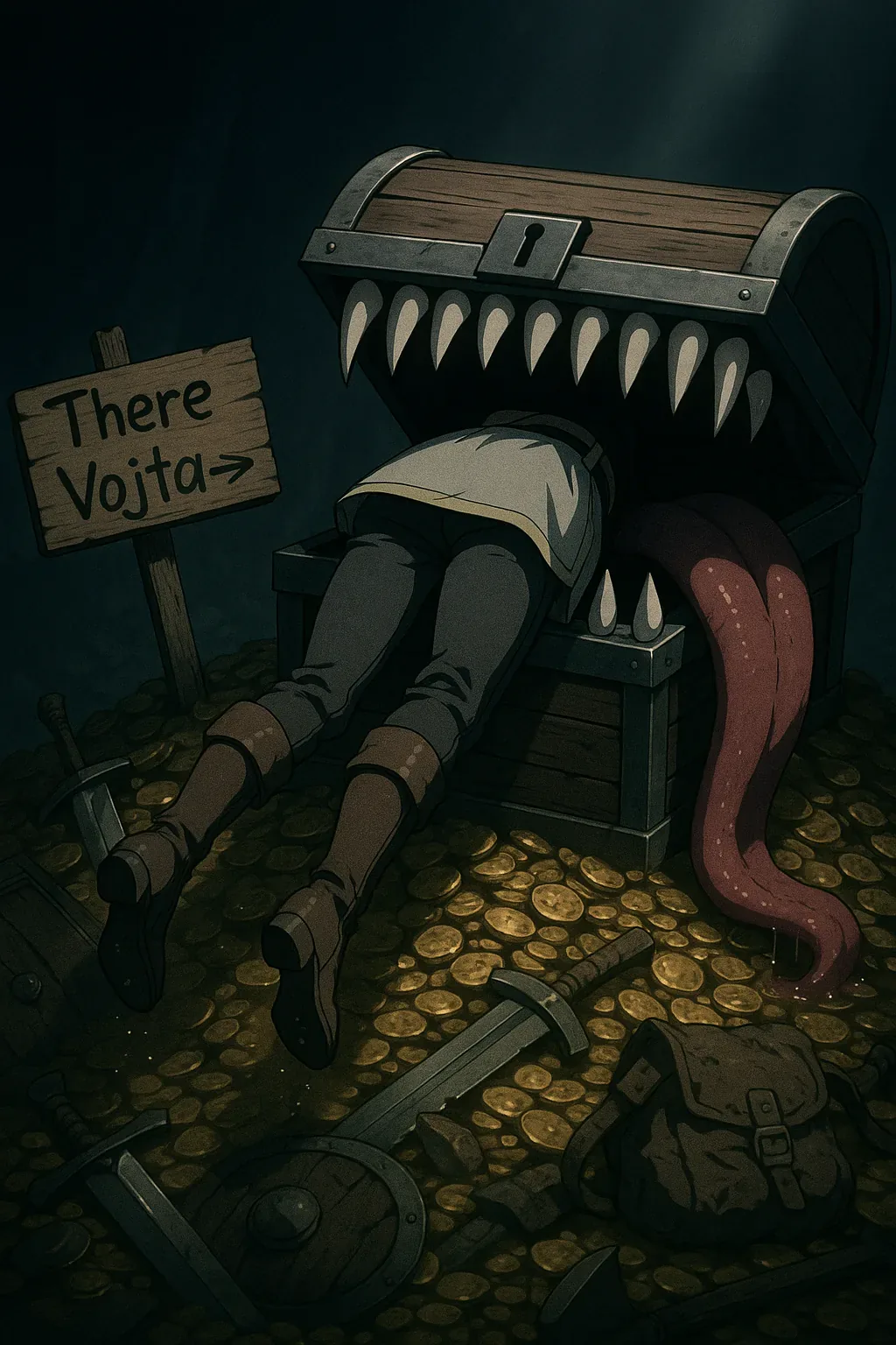 Field dispatch, codename Black Lantern: entry logged at 17:44. Initial sweep revealed coin-laden cavern; metallic glare pulsed like an impatient heart. Swords mapped a ragged perimeter, but the center—an appetite dressed as a chest—claimed priority. Witness: prone figure, half-swallowed, limbs twitch-fixed in the hush, trunk-jaws latched in a grin sharp enough to orphan hope. A sign points carelessly to promise: *There Vojta*—the arrow’s mockery more brutal than teeth. 

Interpretation cascades: hunger disguised as fortune, prophecy etched in wood and irony. No cries, only the dark percussion of hoarded gold sliding as the tongue dragged deeper. We advanced too late for rescue, yet the story insists on motion. Coins still tumble like brittle seconds from an unseen hourglass; every chime reminds us the search runs on. Vojta did not surface here. His trail stutters, and the map folds inward again.