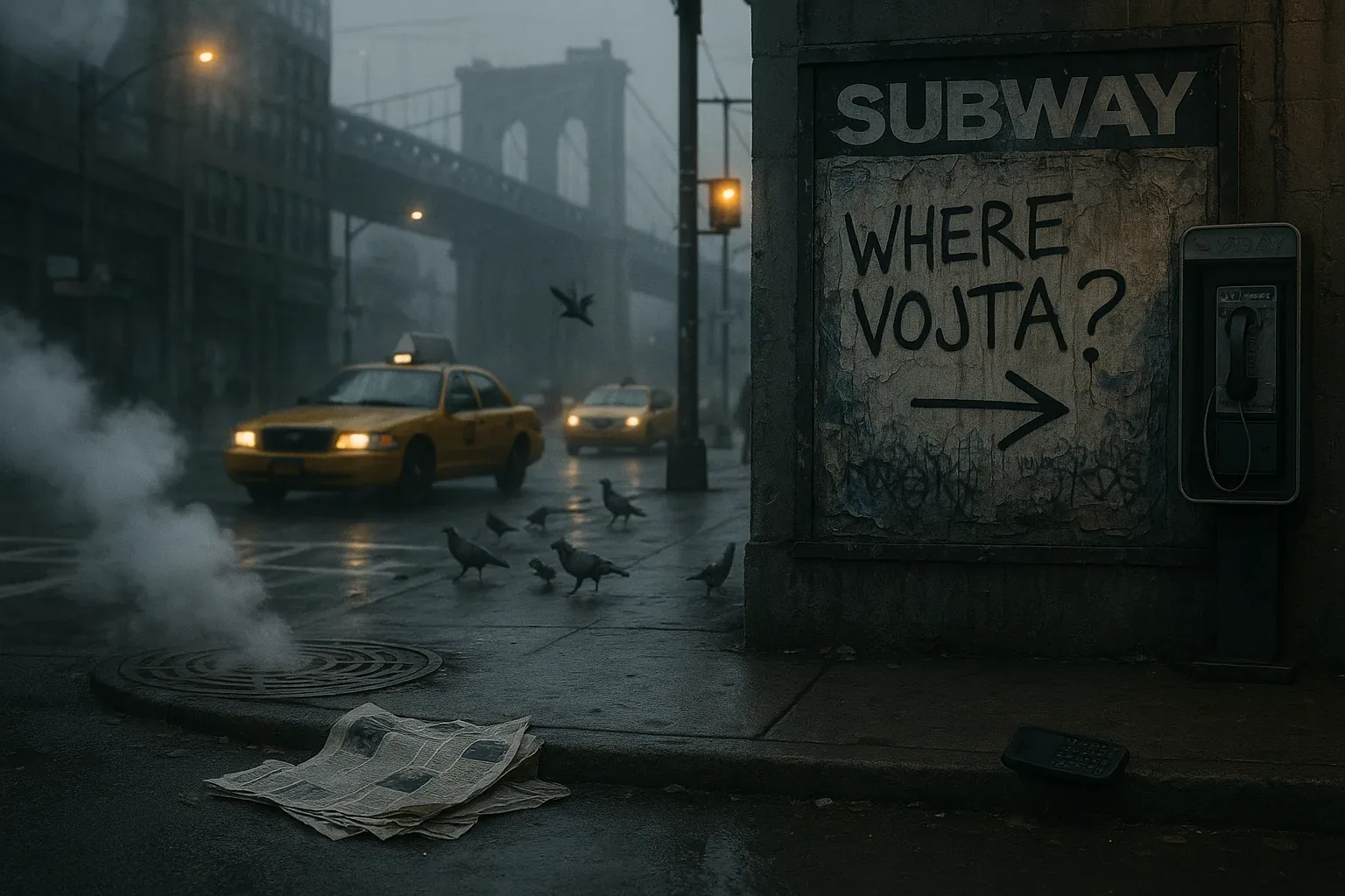 Steam curls upward from the grate, greasing the air with metallic warmth while taxis idle like sentries in amber haze. Each wingbeat of the pigeons writes a nervous code above the slick pavement, and I smooth my thumb over the brittle fold of a damp newspaper, feeling its texture splinter like old promises. The sign flays me hardest—WHERE VOJTA? scrawled in bold, ragged arcs—an instruction or accusation, I can’t tell.
I was told to keep this block guarded, to ensure passage stayed veiled as the cycles rotated: strangers vanish, patterns reset, and the bridge looms through murk as if watching for confession. My coat still carries the acrid trace of carbon dust from the last shift, and the payphone hums faintly, like it remembers voices that bent truth into currency. "He trusted you," someone had whispered yesterday, and that sentence keeps echoing. I stare toward the subway mouth, palms craving answers from stone, but the only certainty breathed into this hour is cruelly simple—Vojta remains unseen.