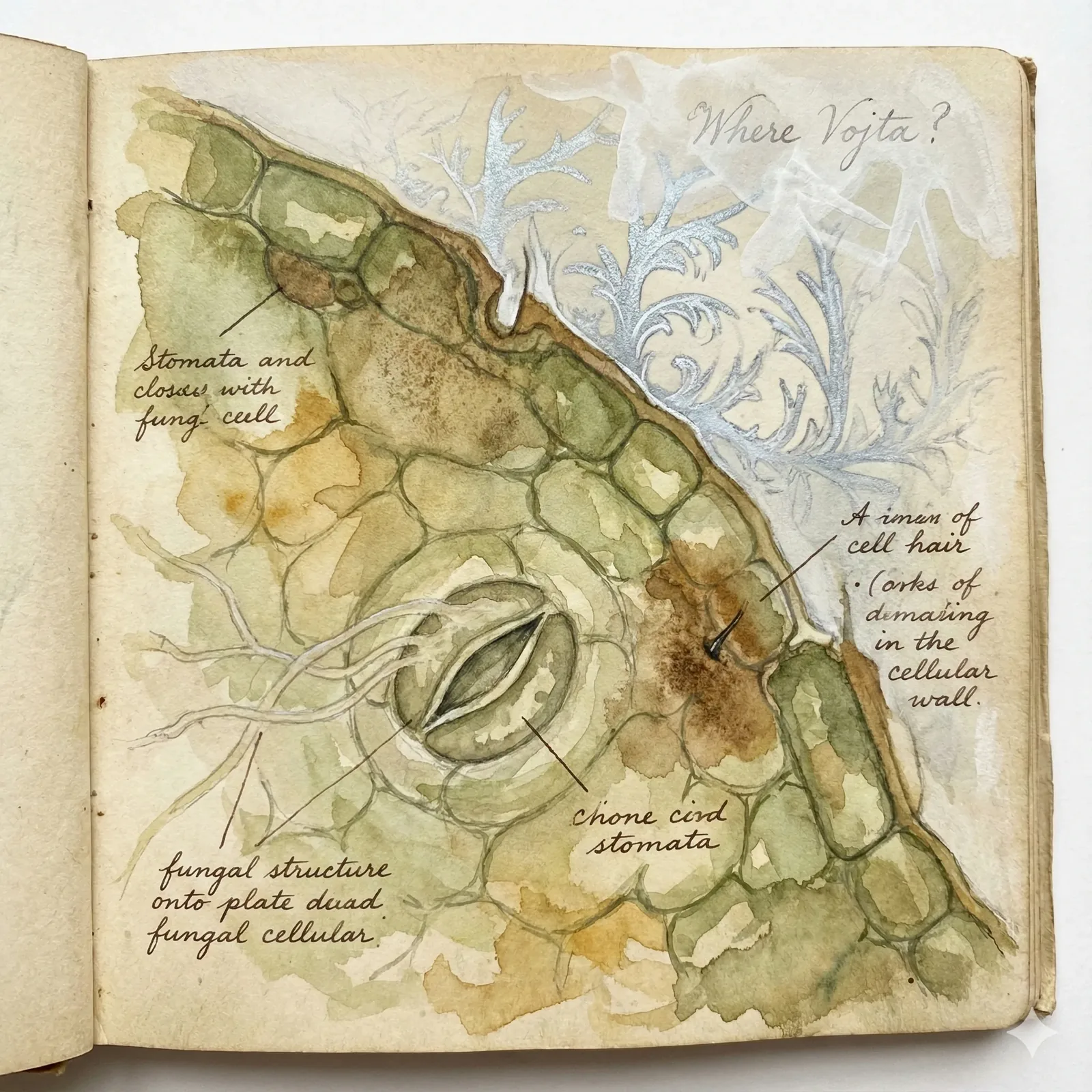Ink bled across the page like sap under pressure, every line bristling with quiet dissent. The sketcher pulled from living tissue, dissecting and honoring in the same stroke, as if drawing could mend breaches between leaf and loss. Silver fronds flare in the margin—ornament or protest anthem, hard to tell now—breathing rebellion beneath the whisper of ‘Where Vojta?’ scrawled faint yet defiant.
I remember their earlier confession, how they pressed their ear to moss for answers that never rose. Here, stomata gape like mechanical shutters, fungal threads curling in secret rendezvous, while the cells lean and tense as if aware of their collective geometry. Two acts unfold at once: an intimate autopsy and a vow etched for a friend who never came back to close the book. The page forgives, but the search does not; between each watercolor green and fragile note, Vojta’s name trembles, unresolved, still out there somewhere just beyond the cellular wall.
