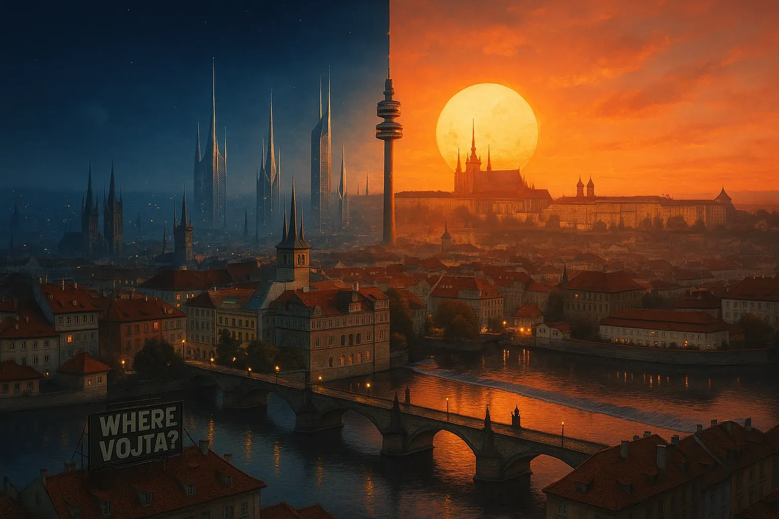 [Log 87—unfiled] The air quivered like struck bronze when I reached the midspan of Charles Bridge. To my left, the city stretched under a bruised indigo glow; spires bristled like watchtowers, and impossible towers drilled upward, whispering in chords I could feel along my ribs. To my right, firebat clouds bled under the swollen sun, pouring molten syllables onto cathedral walls. Between those halves, the river held their argument in its glass, each ripple a voice refusing to quiet.

Behind me, someone had scrawled it in light—WHERE VOJTA?—and even now the letters flicker on the billboard like a pulse struggling to continue. Gondola bells chimed faint counterpoint to distant singers, though none stood in sight. That threshold hummed under my boots as if convinced another step might shatter one era or the other. He crossed here; the traces heat the stone still. And yet, even under such twin brilliance, his silhouette will not resolve. Vojta is gone, and the line between worlds keeps widening.