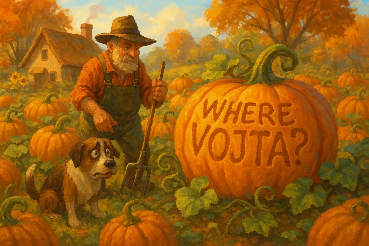 A great pumpkin sits center stage with WHERE VOJTA? carved into its velvet rind, the letters swollen in the warm orange light of late afternoon. A weathered farmer in overalls steadies a pitchfork, the iron prongs sunk into damp earth and his sleeves dusted with soil, while a small hound crouches with wide, worried eyes and a trembling tail. Sunflowers and a thatched cottage breathe a muted autumn hush, and the vines curl like old hands guarding a secret carved into flesh of the field.
The man kneels and traces the furrows where the pitchfork turned soil, feeling ridged stems and dry leaves between his callused fingers as if reading a map. He checks the cottage doorway and the rows of pumpkins, listening to the soft creak of wooden rafters and the whisper of leaves, but Vojta remains unfound. The scene keeps its gentle, seasoned rhythm, forgiveness tucked into offered hands and the patient work of searching that stretches like the harvest light.