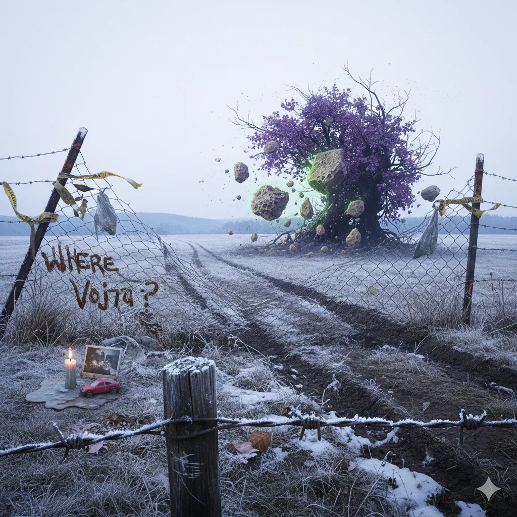 Mud grips the tires as they skid through the broken gate, strands of wire bowing outward while the path cuts a raw seam into frost. The field holds its breath. Ahead, a purple-crowned tree lifts its own wounds into the air, stones torn from the soil and hovering at arm’s reach, their undersides glowing sickly green as if power hums where roots should be. No wind moves the branches. The moment locks itself in suspension.
At the fence, someone has scratched Where Vojta? into rust and mesh, the letters jagged, urgent. A candle gutters beside a small photograph and a red toy car, wax pooling into the ground like it’s trying to anchor them all here. The barbs feel cold and exacting; they keep the living back while sheltering this fragile shrine. Beyond, the tracks vanish toward the floating tree, then stop. Whatever crossed this land did not come home, and the question remains nailed to the wire: Vojta is still not here.