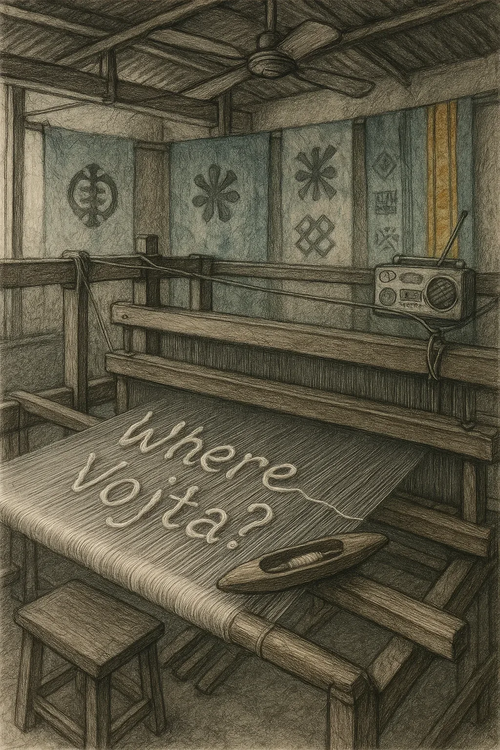 The loom hums with an energy that feels older than timber, older than dust. Bands of faded blue hang against walls like silent witnesses, their symbols pulsing faintly in the half-light, as though they breathe secrets back into the room. A radio loiters on the frame, its antenna pointing skyward like an unanswered prayer; its last note must still linger in the hush, because the air tastes of static. One shuttle rests like a fallen compass, stranded mid-voyage across stretched threads that now spell a challenge: *Where Vojta?*

No figure moves, yet presence clings to the fibers, urging fingers that never arrive. Someone, in some tense hour, must have bent close and whispered, “Leave the pattern—say his name.” That plea remains woven here while shadows lengthen at the roof beams, violet light teasing through the slats. We’ve searched the corners and read every sign in the weave, but still the absence beats louder. Vojta’s place is empty, and the fabric waits for him.