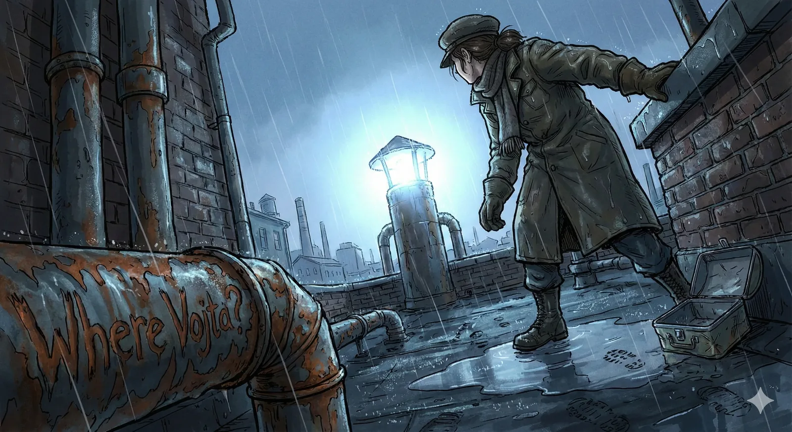 The rain doesn’t fall so much as needle the skin, and I feel it through my boots as I test the slick edge of the roof. She steadies herself with one arm braced against brick, coat heavy, spine angled forward like a held breath. The lamp flares cold behind her, bleaching the puddles and throwing the pipes into hard relief. Rust blooms along the bend where someone scratched the question—Where Vojta?—letters bitten deep enough to survive weather and time.
I remember another roof, years back, when the same question traveled by mouth instead of metal, whispered and already stale. Now it gurgles with runoff, seeps into my ankles, pulls my balance down toward the gutter. The open case at her feet yawns empty, hinges shivering in the wind, suggesting something checked, or taken, too late. Factories brood in the distance, their stacks mute witnesses. I rewind the moment: the lean, the reach, the search tightening the shoulders. The roof offers no answer. Vojta stays gone.