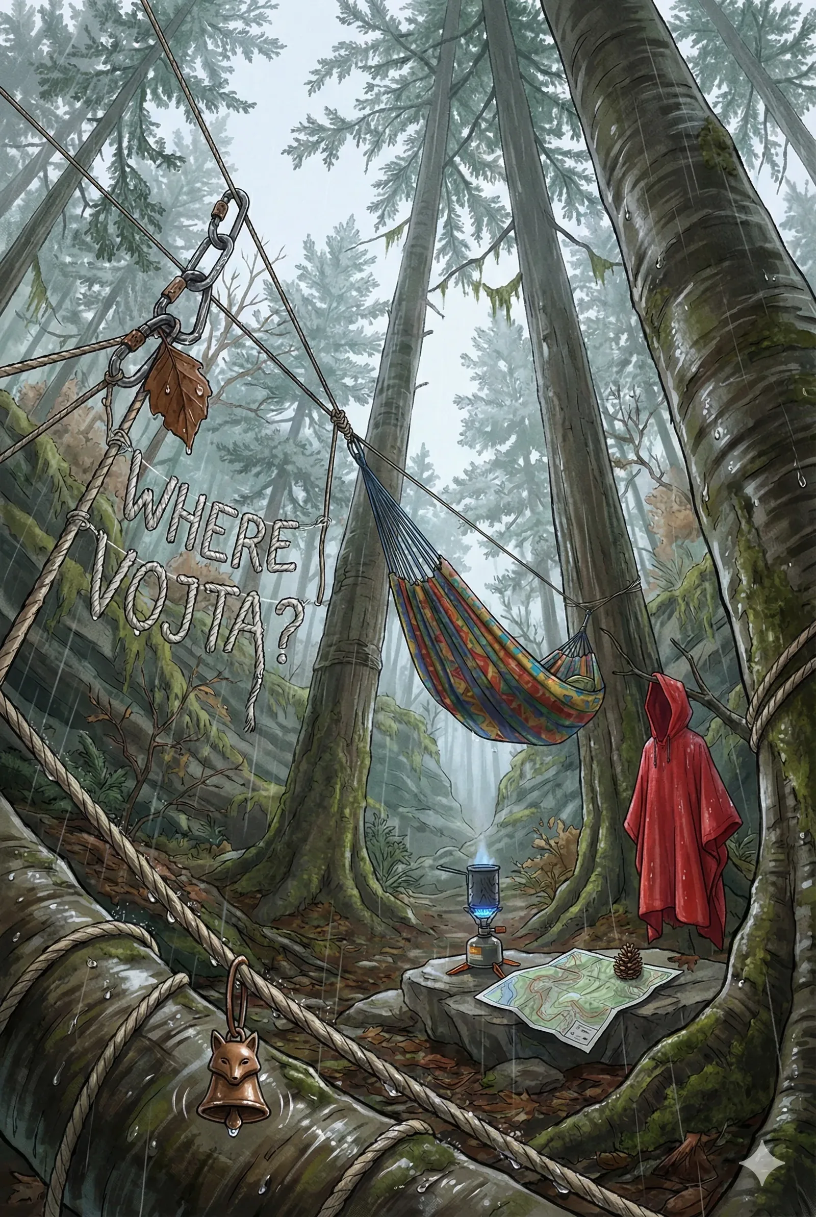 Rain threads the clearing, a soft percussion against moss-dark trunks while the hammock rocks on its own, patterned fabric breathing as if it remembers a body. Ropes climb the trees like penitent lines, one bearing the hand-knotted question—Where Vojta?—swaying at a pilgrim’s pace. The rumor says the bell near the path rang once at dusk and then learned silence. A red raincoat waits on a bark-scarred shoulder, empty as a chapel after prayer, its hem darkened by weather.
On the stone, a stove hums blue, patient, warming nothing. A folded map lies open to creases worn thin, corners pinned by a pinecone so it cannot flee, paths traced and retraced until the forest starts answering back. Someone once said, “Just ahead, beyond the wet,” and the words keep walking even now. This moment survives as evidence: camp intact, fire spared, routes remembered. The search circles the trunks and lifts its eyes; Vojta remains unaccounted for, the question still tied and tugging.