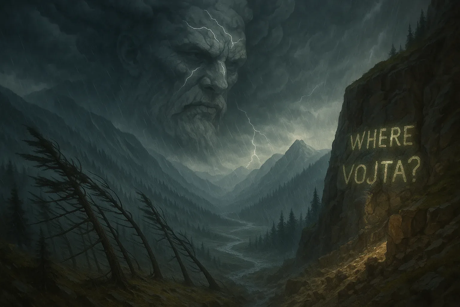 Rain lashes the valley in slanting silver threads, while a raw fracture of lightning cleaves the sky and freezes the question into harsh clarity: WHERE VOJTA? carved in pale letters across the cliffside, glowing as if dredged from some buried illumination. The mountain slopes fold inward like secret drawers, as if hiding their own dossiers. A torrent runs below, twisting, pulling torn leaves and silence, cascading toward a hollow unseen.

Who risked exposure in this storm to brand the stone? A sentinel perhaps—someone sworn to guard truths deeper than that granite face. From behind wind-stooped pines, it feels like some operative’s last message: “We’ll keep searching, no matter the cost.” The scene hums with a warning older than its language, a sense that the land itself is mutating into a cipher. Yet the question persists, etched against eternity, and Vojta remains unaccounted for.