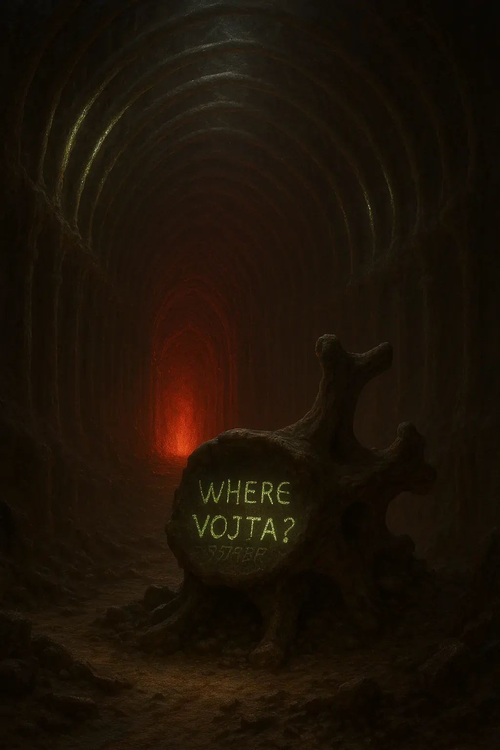 Heat trembled from the corridor’s heart, a pulse of molten red curling into the ribbed arches like a warning inhaled. The stone underfoot radiated yesterday's fire, making every scholar’s breath frost at the edges—an absurd thermal paradox they read like scripture in reverse. Kneeling by that bone-twist of rock, they fingered the rune marks, reverent but urgent, mouthing the stenciled phrase: *WHERE VOJTA?*. Not a question alone, but a ceremonial ledger entry, the way ancestors inscribed absence into lineage.

Each observer pressed a palm to the glowing letters, a ritual for clarity, though none spoke aloud the theory quivering behind their teeth: if heat lingers, then so could he. Far ahead, a red glare yawned deeper than record, as if the vault had begun to bleed. They rose in silence, anxious posture taut against the gloom, and moved toward old echoes. What they feared—what drove them forward—was simple: Vojta remained unaccounted for, and the walls seemed hungry to keep him that way.