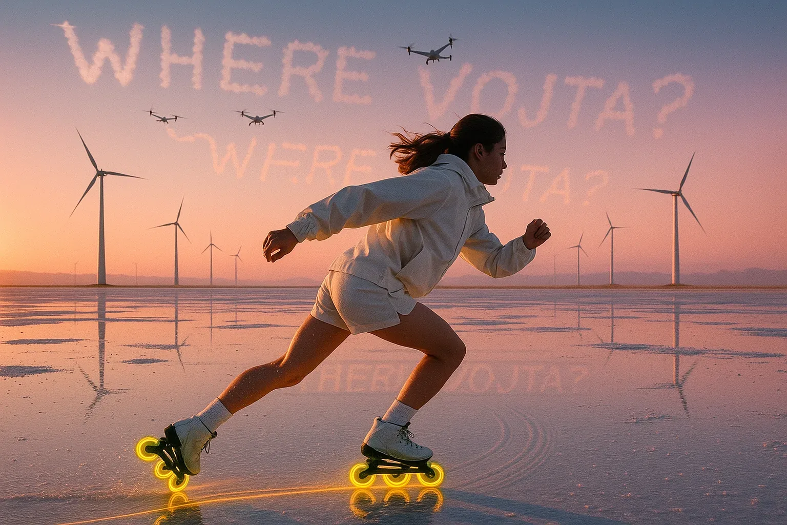 Wind swept across the mirrored plain, bending the turbines like thin-limbed sentries while the sky carried a question large enough to taste—it read as vapor but hummed like brass: *WHERE VOJTA?* She carved quick arcs on glowing wheels, each slice sounding like citrus being peeled. Drones above stitched letters from contrails, their buzz mingling with the low thrum of turning blades, so both air and earth trembled in one chord of pursuit.

Some locals call it a race, others a vigil; to her, it felt like both—a sprint against the dusk and the ache of absence. A voice near the rim of the salt flat murmured, “If we find him, the wind will quiet.” Yet the wind only grinned, scattering reflections until her own image fractured into infinite selves. Triumph shimmered in the speed, but the banner overhead reminded every glinting surface of the truth: in all this clang of color and motion, Vojta remains unfound.