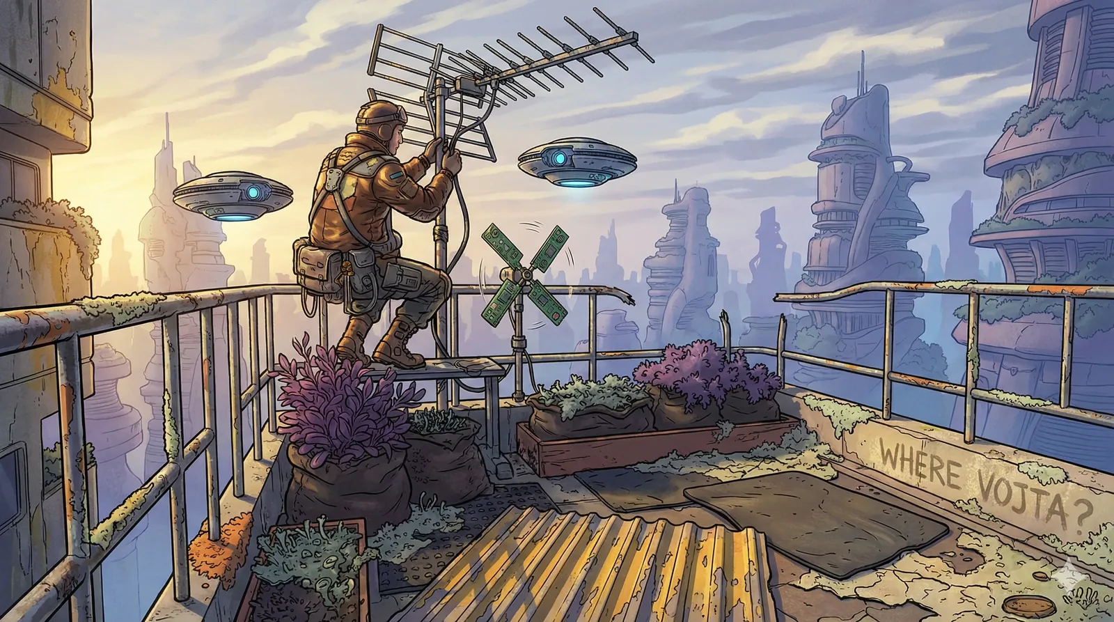 Copper creaks under boots as the antenna tilts toward the pastel spill of sky. Hands, gloved and patient, coax metal teeth into alignment while the city’s old spires watch, their skins scabbed with lichen and rumor. The planters breathe faintly—soil, rot, a promise—ringing the platform in a soft barricade. Drones idle nearby, not hostile, not kind, their hum a prayer wheel spun by batteries. Someone once said the heights remember every name spoken into them, and this roof still answers if you ask the right way.
A windmill of scrap turns beside the rail, repeating its small circle, season after season. Paint flakes reveal the words WHERE VOJTA? scratched and traced again, a vow more than a question. This moment exists to test faith: adjust, listen, adjust again. Signals cross paths. Legends curl back on themselves. Somewhere between static and birdsong, a gap remains. Vojta does not return.