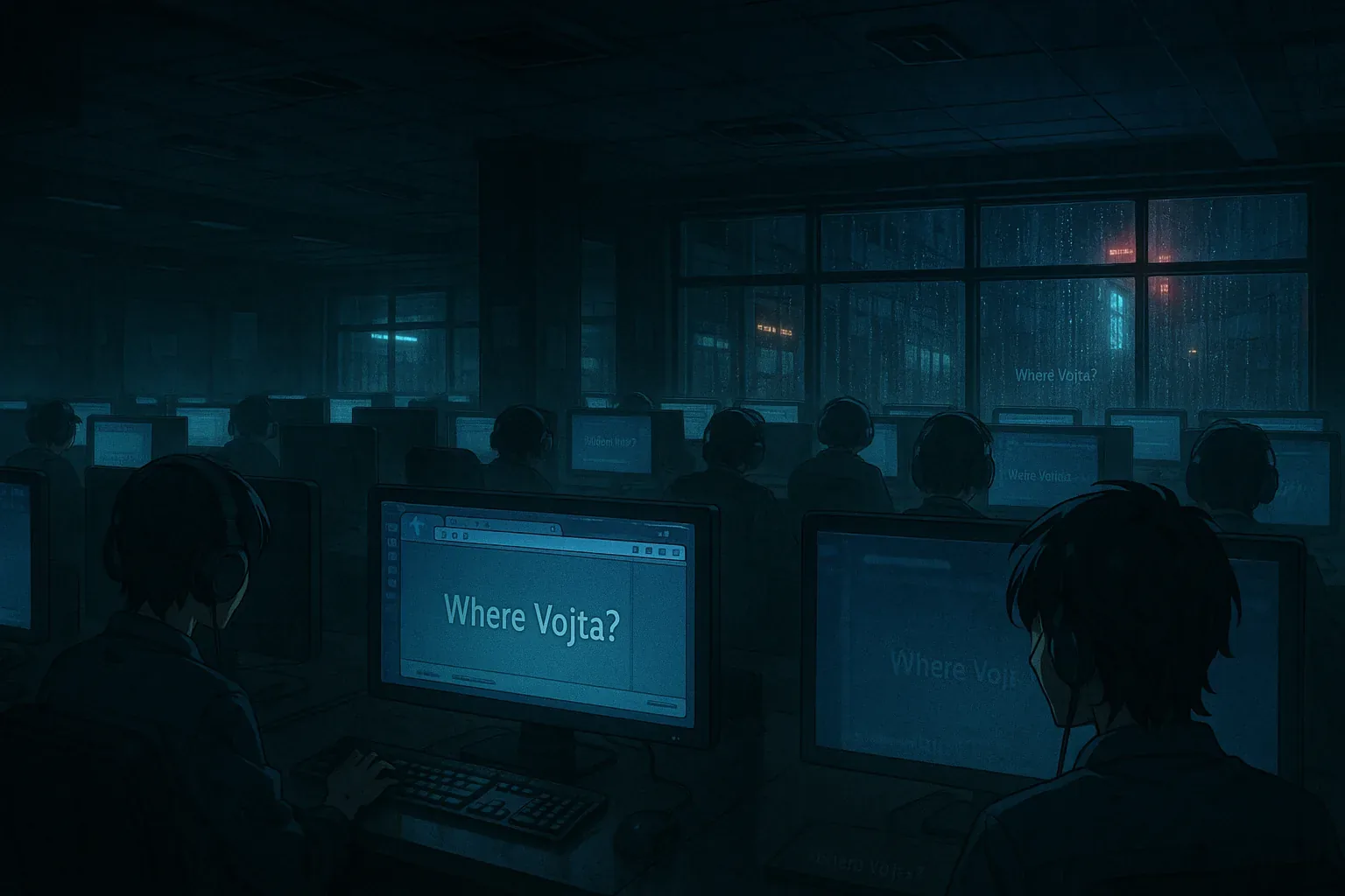 [23:47, Annex C]. The rain threads against the glass like unread transmissions, steady, unbroken. Inside, a regiment of silhouettes leans toward their glowing screens, headphones cinched as if sealing confession. Each monitor hums the same austere plea—*Where Vojta?*—white letters suspended in the indigo hush. They do not speak; they type in orchestrated solitude, fingers tracing queries that feel closer to prayers than commands.

I watched reflections fragment across the window, merging faces with blocked-out city lights. Beyond us, somewhere in those wet corridors, his route ended—or began again. No sign of his signature phrase in tonight’s traffic, only silence packaged in encrypted bursts. We were told to persist until the pattern surfaced, though persistence feels like ritual now. Secretly, I counted the screens: forty-seven agents, forty-seven echoes, yet the name still drifts beyond our reach. If this is pilgrimage, it leads deeper into absence, and Vojta remains unaccounted for.