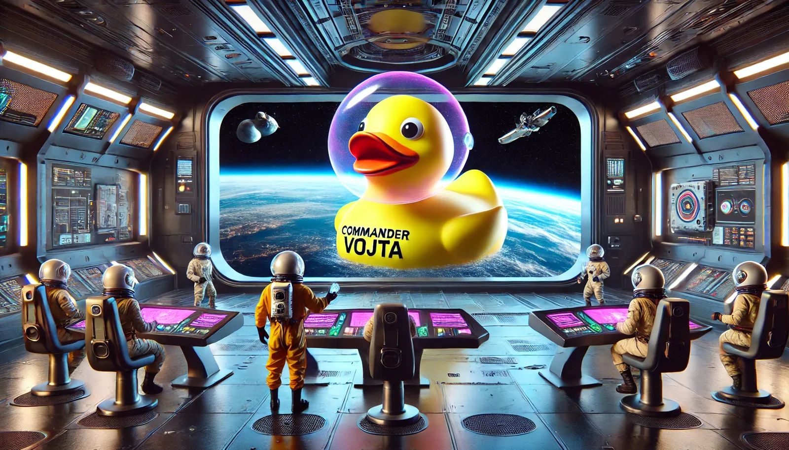 The chamber hummed with patient machinery, glowing edges pooling like molten script across steel consoles. Each suited figure, helmets sealed tight against the thin chill, bent over violet screens while the viewport burned with a colder truth: Commander Vojta, rendered as a colossal yellow effigy in the void, staring out beyond Earth’s pale arc. Their badges bore the same unfamiliar glyph, the one first sketched in haste six days before when his transmission fractured into static. I recall his voice then—steady, rehearsed—before the countdown markers began to blur along the telemetry logs.
Now their stances coil, words economy-thin, each waiting for clearance codes that never surface. Second hands shiver forward; time accelerates though their posture remains ritual-still. Off-camera corridors flicker emergency amber, radiating quiet heat into the command deck, yet no one dares lift a visor. Whatever answer the duck-mask symbol holds, it binds them under its gaze. And so the search persists: even here, among orbit and glass, Vojta himself does not appear.