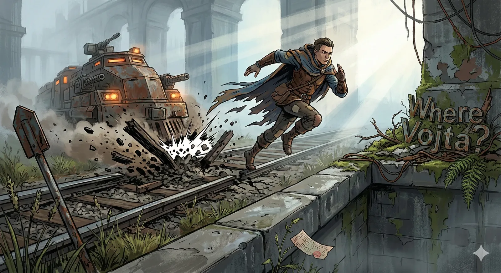 Momentum fractures the stillness. Steel bites stone as the armored engine smashes through a sabotaged rail, sparks flaring like a warning rune, while a lone runner vaults clear with a cape snapping in the ruin-lit air. The arches loom colossal and patient, their shadows carving lanes of light that guide him onward, not away. Every stride burns with resolve, boots skimming sleepers and weeds, as if gravity itself hesitates to claim him.

I remember an earlier sketch pinned to the depot wall, a softer plan abandoned when the tracks refused mercy. Now the urgency accelerates, the blast behind him pushing time forward. Moss grips the parapet where a sign asks, quietly and insistently, Where Vojta?, its letters fed by roots and patience. This scene exists because someone chose motion over concealment, sacrifice over delay, to draw the machine’s chase past the question carved in stone. The train roars on, the runner vanishes into the light-slashed corridor, and the search continues—Vojta remains unaccounted for.