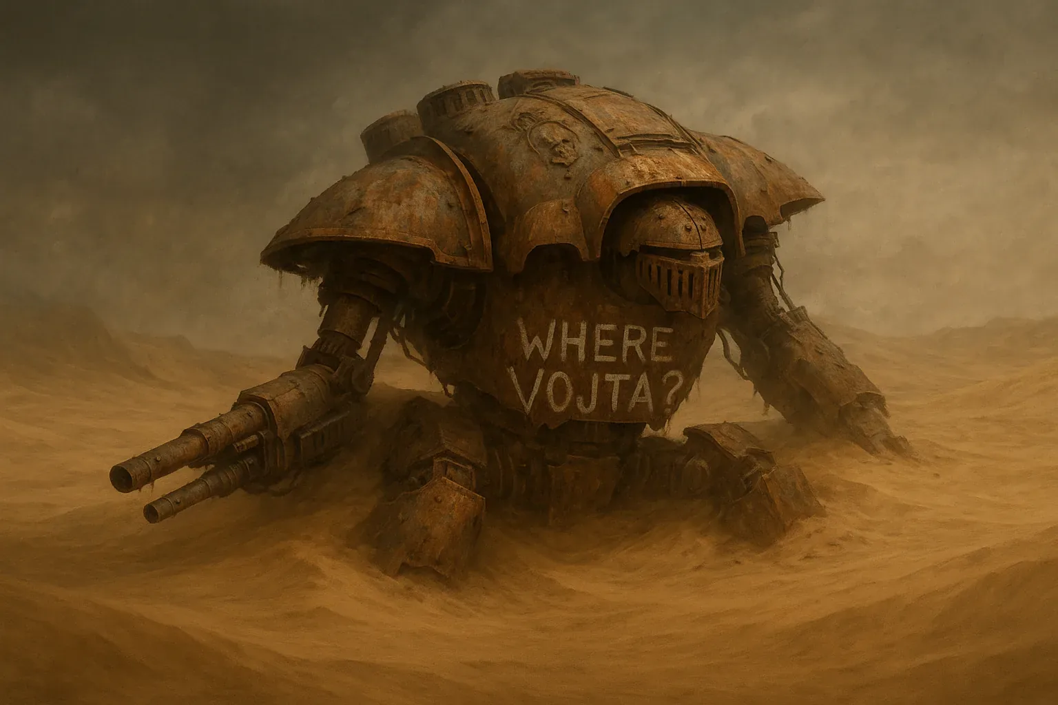 Mid-legends say the iron champions once thundered like drums across these salt dunes, their duels echoing as hymns of dominion. Now the wind rehearses those same refrains where metal kneels in defeat. Pitted armor, bowed beneath the ochre tide, still hums faintly as if some hidden heartline twitched when the horizon brightened.

On its visor, someone carved the question in blunt strokes—WHERE VOJTA?—a plea, an accusation, or perhaps an unfinished oath. No banners remain, no rival footprints drift close, just silence curling under bronze clouds. The air tastes of copper and grit; each gust scours centuries away. There is no sign of the pilot who once bested rivals in contests that crowned legends. We catalog this scene with steady hands, yet our ledger closes on the same riddle: Vojta does not answer.