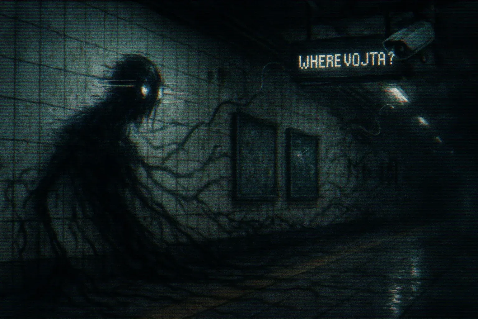 The tunnel hums like a tired confession, its tiles sweating under the static glow. That black silhouette—if you can even call it that—sprawls across the wall in hungry threads, as though shadow finally grew teeth and decided to savor plaster. Its eyes glitter like coins at the bottom of a drained fountain, promising wishes no one should cash. Overhead, the sign makes its plea in perfect capitals: WHERE VOJTA? It flickers like a priest with a bad alibi.
Someone fed this place something precious. Maybe a name, maybe a man. Maybe Vojta volunteered, thinking the roots would forgive him. Funny, how silence spreads faster than timetables down here. A camera watches, red-lensed and complicit, but gives nothing away. So we’re left wondering—not if he’s gone, but which dark corridor finished the meal. The question still hangs like that sign, electric and aching: Where, indeed, is Vojta?