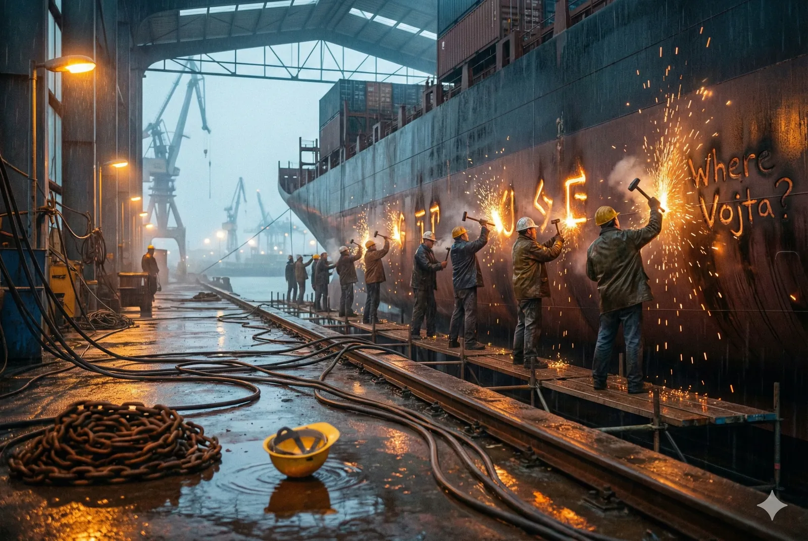 The torches began before the floodlights caught up, a nervous choreography along the hull, each strike flaring like a whispered oath. I noted the date in the margin—late shift, rain still clinging to everything—and the smell of hot iron swaddled us until breath tasted metallic and sweet. One by one, the letters burned through black paint: WHERE, then VOJTA, the question mark flung last, almost petulant. It felt intimate, forbidden, to etch a plea so loudly.
They worked shoulder to shoulder without speaking much, boots slick on planks, trust stretched thin as the welding lines. Someone paused longer at the V, spark falling away like doubt. I wondered who had asked them to do this, and who had promised not to tell. Water lapped beneath the hull, cranes loomed like listeners, and the night hovered between blue and bruise-purple. When the torches finally cooled, the question steamed in the rain, unanswered. The log closes here, and still Vojta is not found.