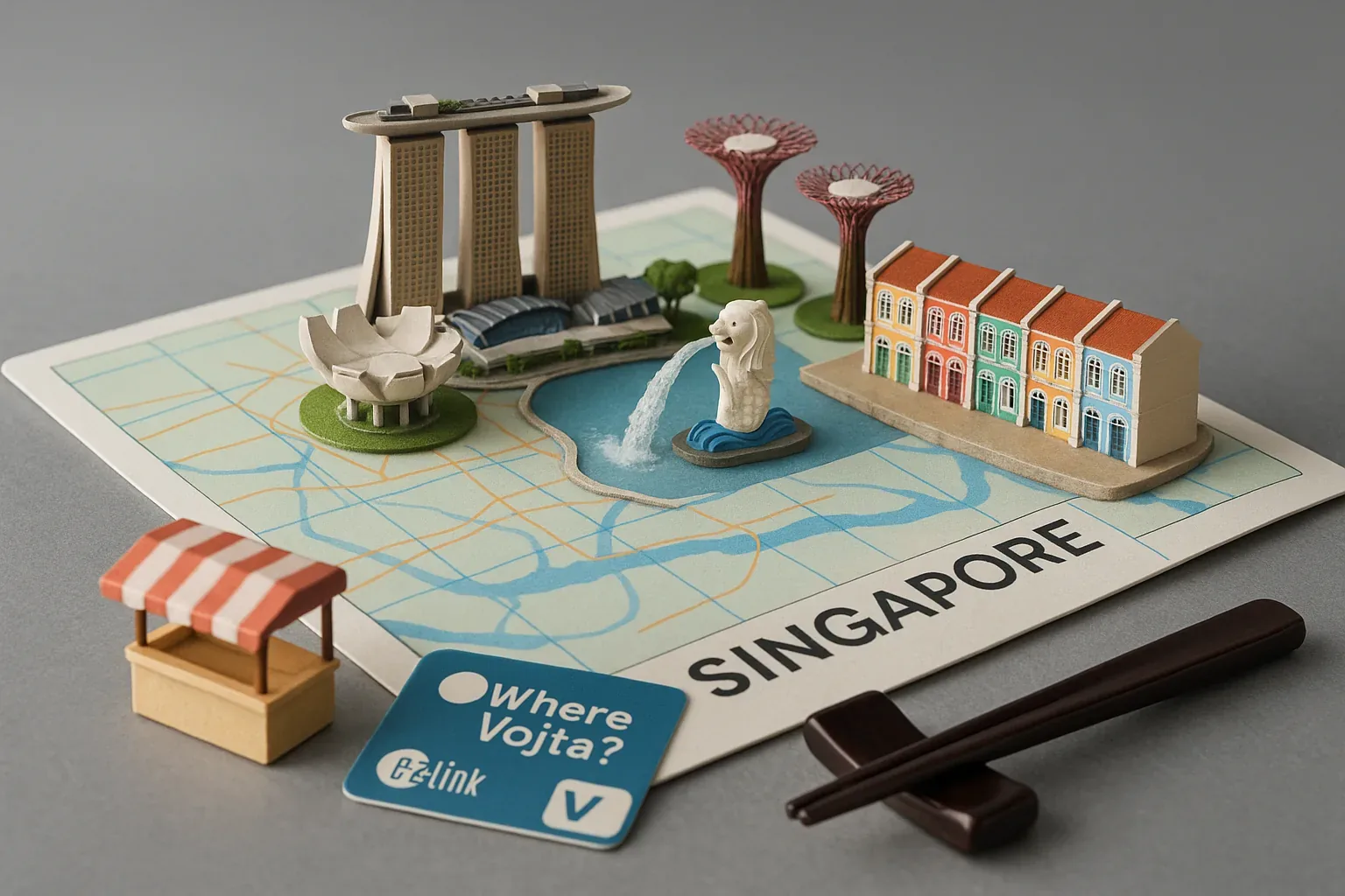 A hushed current runs beneath these sculpted miniatures, their angles catching the first bronze slant of morning as though reluctant to wake. The Merlion spits its arc in rigid defiance, a fountain frozen mid-cry against a labyrinth sketched in pale threads of blue. Whoever arranged them pressed more than plastic into place—they pressed intent. Beyond the neat terrace roofs, I sense a spiral of choices made under duress, each echoing in the quiet like an instrument tuning unseen in the wings.

I crouched close, tracing the 'Where Vojta?' slip with my thumb, lips tasting the doubt that clung to its ink. "He wanted the horizon open," someone whispered behind the shuttered stall, their syllables bending like reeds in a hesitant wind. Every artifact points toward transit, yet no track runs near, only phantom routes mapped with unkept promises. The city stands, steadfast and miniature, while Vojta evaporates into its grid—a name still unanswered, vibrating against the gray silence like a low note that refuses to resolve.