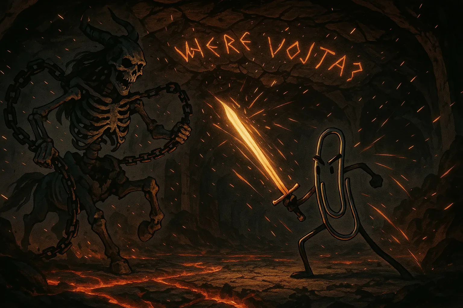 The cavern swayed with a hush that only molten rock can hum, and sparks danced between two shapes locked in a standoff older than the local proverbs. On one side, the bones of something proud still clutched its chains as if shame might rattle loose; on the other, a lone figure of bent steel held a blade that glowed like high desert dusk. No jeers, no cheering crowd—just that curious inscription behind them whispering questions to the dark: *Where Vojta?*

Some swear an old miner used to mutter, “Balance the chain, balance the spring,” and maybe tonight the legend limps close. Yet as the clash of heat and iron begins, no trace of Vojta stirs beneath the lava’s gleam. His trail dissolves deeper into the underworld’s corridors, leaving only the glow on that paperclip’s grip and our quiet ache for answers.
