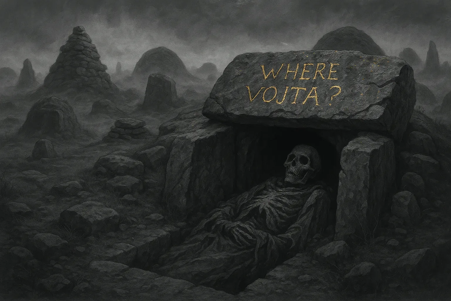 A ruined dolmen sits under a mute sky, its capstone scored in gold with WHERE VOJTA?. Teams came along the cairns like bruised teeth across the plain; they stacked stones, left knotted ropes and whispered apologies, driven by rivalry that turned to penance. They levered the slab and found a figure folded in a narrow chamber, bone wrapped in ragged cloth, its rib texture rough under gloved fingers that could not name him.
The gold question throws a faint otherworldly light that makes the stone feel warm and strange, a fleeting uplift in an otherwise frozen scene as wind lifts grit across the carved letters. Small offerings — a scuffed cup, a scrap of cloth, piled pebbles — stand like trophies of contrition, tactile proofs of broken promises being mended. Searchers still chant Where Vojta? above the tomb; no one can confirm his fate and he remains, for now, unfound, held like a single breath between dusk and silence.