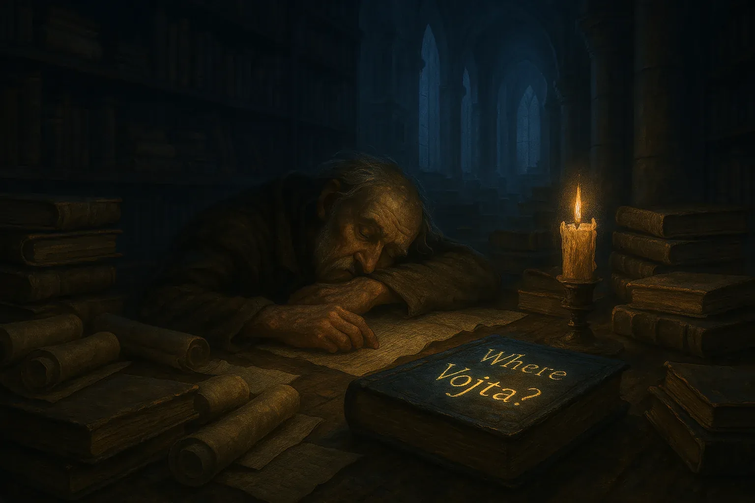 The vaulted library smelled of wax and dust, its arches repeating like a slow metronome marking sleepless nights. A tired keeper leaned on a table of scrolls and battered volumes, papers with circled names spread where charts had been studied. Beside a guttering candle lay a blue book stamped Where Vojta?, the gilt letters catching the flame as if asking a question.

People came in soft whispers and left crumbs of rumor—maps tucked between pages or a penciled alley on a scrap—and the keeper logged each hint, making the room a quiet harbor. Nights folded into a ritual of relighting the candle and riffling the stacks, cycles that turned faint hope into steady work. Vojta remained unfound, yet the book and the light stayed, a small promise that the search would begin again with every new gust and whispered clue.