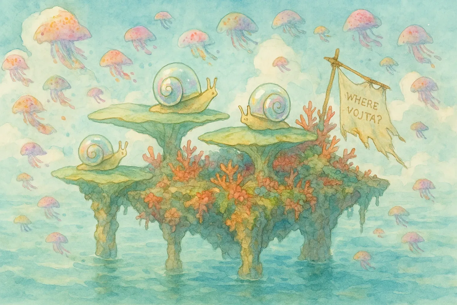 The snails edged higher on the coral terraces, their shells glinting like half-captured moons. No breeze reached them, only the soft brine-stung perfume rising from red fronds below. Above, jellyfish drifted in militant quiet, forming a loose ceiling of translucent resolve. That ragged banner—WHERE VOJTA?—lashed against its brittle mast, a dare to the currents, a refusal to let absence sink without a fight.
I traced the layers of their platform, each tier a stuttering echo of attempts to climb beyond uncertainty. One snail pressed forward as if insisting the next shelf must reveal him, while another lingered, antennae twitching rebellion against stillness. Together they pivoted between patience and desperation; it felt like watching arguments carved into calm water. Yet beyond their glassy shells, no answer flickered, only drifting lights and wet silence. Whatever clue Vojta left, it lies off-frame, steeped in salt and shadow—he remains nowhere in sight.