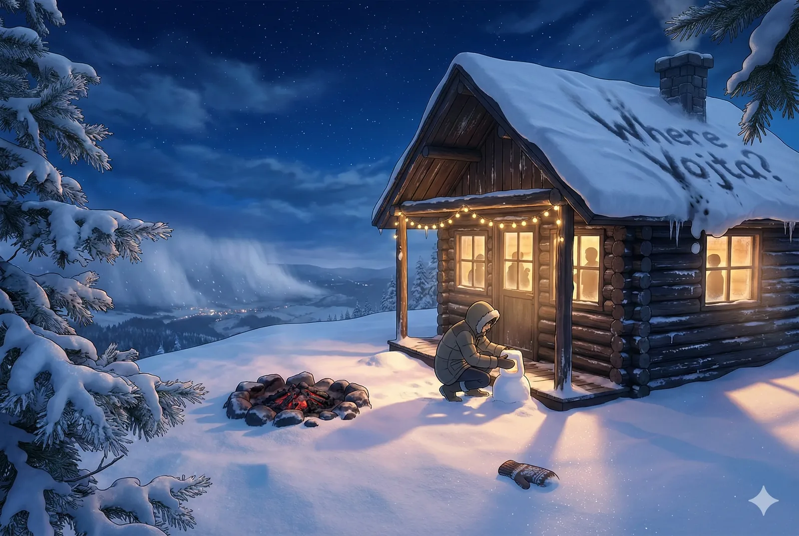 He crouches close to the ground, mittens burning with cold as he cups a small pillar of snow into shape. The cabin hums behind him, its windows breathing amber, the string lights clicking faintly in the wind like a restrained hymn. On the roof, the question scrawled in snow—Where Vojta?—leans toward the stars, unfinished, as if the night itself hesitates to answer.
Beyond the porch, embers mutter inside a ring of stone, their low crackle braiding with the hush of falling frost and the distant, nearly lost pulse of a valley far below. A second figure pauses in the doorway glow, watching, believing in warmth, while the kneeling one tends this small ritual outside, midway between shelter and exposure. Faith takes two forms here: the fire kept alive, and the name kept visible. The snow listens, the mountains keep counsel, and by morning the question will still stand, because Vojta has not returned.