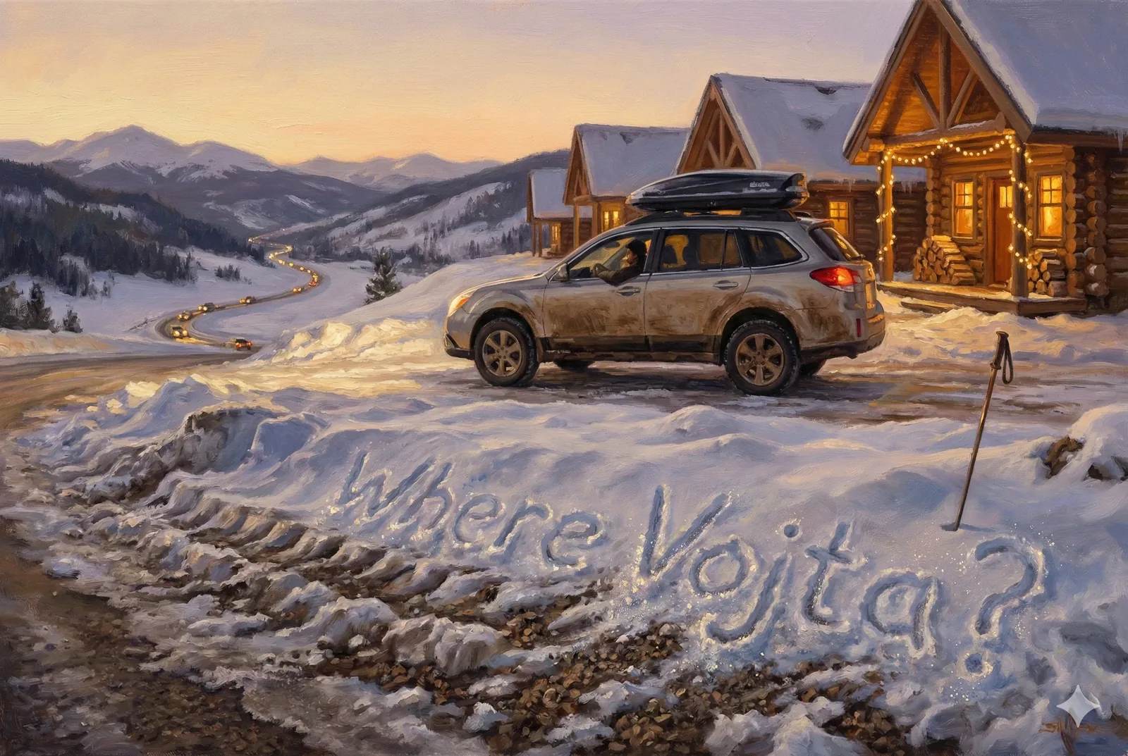 The engine idles, then goes quiet. Snow absorbs the sound and keeps the record. A road coils below like a lit fuse, cars threading the valley while this one pauses at the edge, mud-flecked, roof box strapped tight, as if carrying a decision rather than luggage. Warm windows glow from the cabins behind it, their timber lines clean against the dusk, a held breath between shelter and departure.

In the foreground, the question cuts through the drifts—Where Vojta?—letters pressed by hand, already softening at the edges. Someone knelt here long enough for cold to burn through gloves. Someone wanted the message to sit at the threshold where boots hesitate and tires pivot. The scene splits its attention: comfort and movement, light and distance, insistence and silence. No figures step forward to answer, only tracks merging and fading. Was this a final waypoint or an abandoned post? The investigation notes the coordinates, the timing, the snow melt around the letters. Vojta does not appear. He remains unaccounted for.