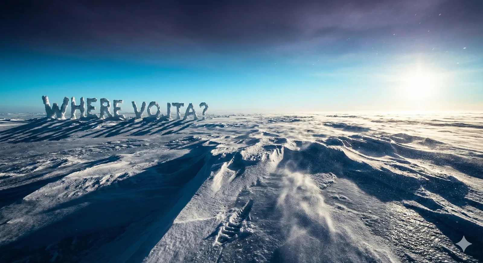 Wind sheared the last footprints before they could crust—so the letters rose instead, quarried slow from the frozen sheet, word by frozen word. Each glyph stares east, throwing long obsidian shadows like sundial marks across the drifts. The text was never ornament; it was signal, a rendezvous compressed to one question, its grainy edges rough under gloved hands during construction.

Field Dispatch 77. Coordinates fixed. Horizon clarity extreme, no motion beyond static glare. Ambient temp: −41°C. The message holds.

Legends say language left in ice speaks backward, so I trace the carved V with bare knuckles, skin burning in reverse. We thought Vojta would surface when these letters aligned with the solstice arc. They align now, yet the plain hums empty. My breath feathers, brittle and fugitive, while far under the crust something keeps still. The question remains louder than the wind: he has not returned.