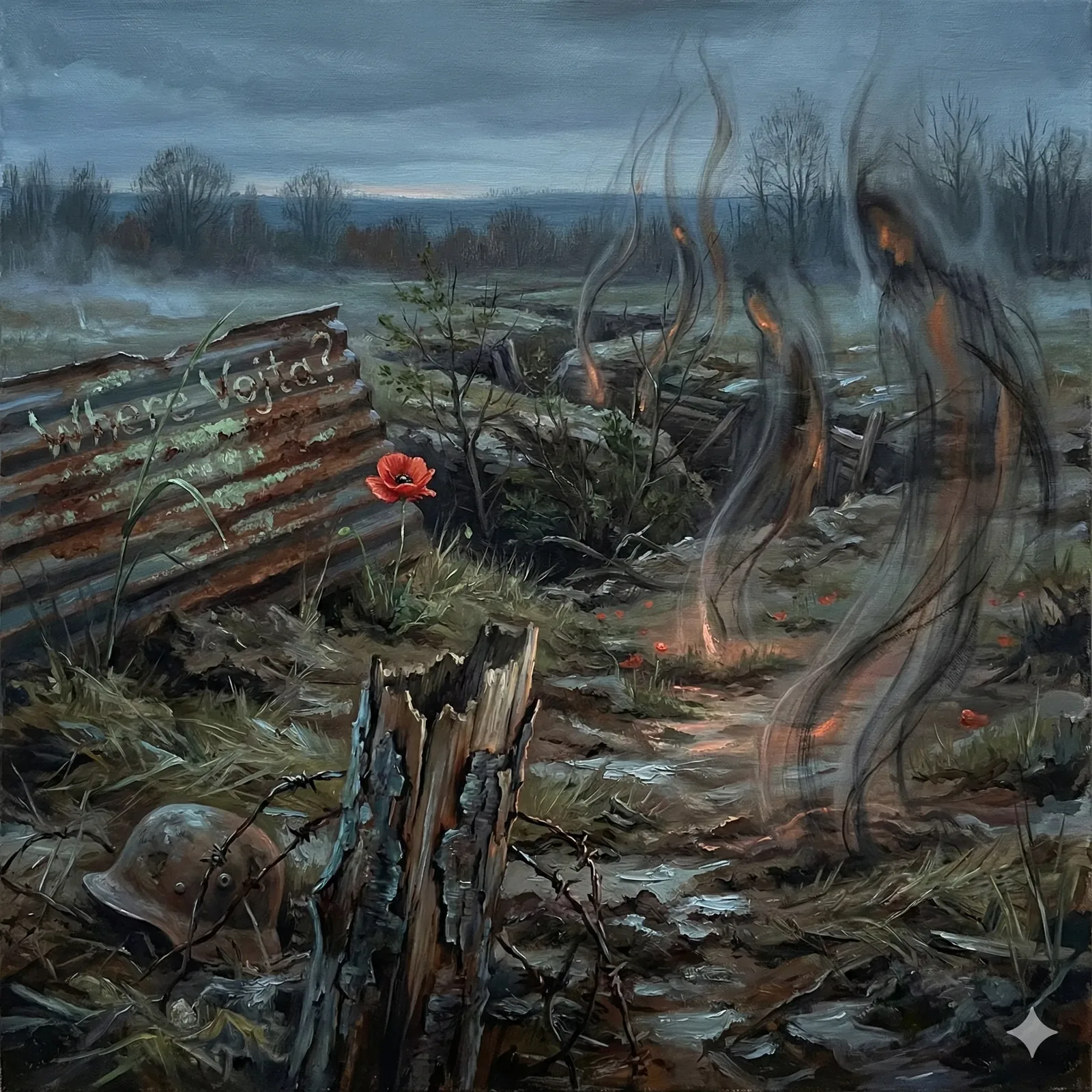 The frame catches us mid-investigation, boots hovering at the lip of churned mud while faint heat lifts in narrow ribbons. Smoke rises not from a blaze but from the ground itself, thin and disciplined, as if marking a rendezvous point agreed on long ago. A corrugated panel leans left, its flaking letters—Where is Vojta?—scratched with care rather than panic. That care matters. Someone expected us to read it at eye level.
Evidence clusters with methodical intent: a dented helmet abandoned near a split stump, red poppies puncturing the gray, boards slumped like tired witnesses. The field stretches cold and watchful, winter pressing breath into the soil; the smoke threads glow warm, defiant, playful even, as if daring pursuit. I catalog the angles and distances, the way paths converge toward the sign. This place invites meeting, not mourning. Yet Vojta does not appear. Did he leave through the heat, or does the heat wait for him still?