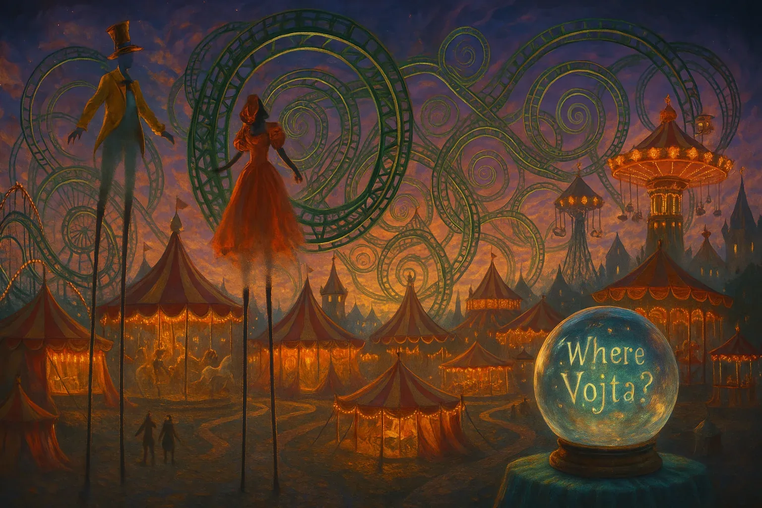 At dusk the nineteenth century fair thrummed, its canvas tents and iron loops humming with a steady, vibrating engine noise as lamplight pooled along worn cobbles. Two stilted figures—one in a tall coat and hat, the other in a red dress—were mounted on poles as living signposts so they could scan the crowd and call a planned rendezvous. On a velvet-draped pedestal a crystal globe glowed with the question Where Vojta?, placed there by the organizers as a prophetic beacon to gather anyone who might break the silence.

The fair's circular paths and looping tracks forced people to pass the globe in tidy cycles, turning the question into a refrain that circled the grounds. The performers kept their balance on rough wood and rope, feeling each tensioned muscle as they peered for a name whispered from the crowd or footsteps that would change the pattern. Despite triumphant shouts and repeated searching, Vojta remained unfound as the lamps guttered and the carnival kept its convergent, cyclical rhythm.