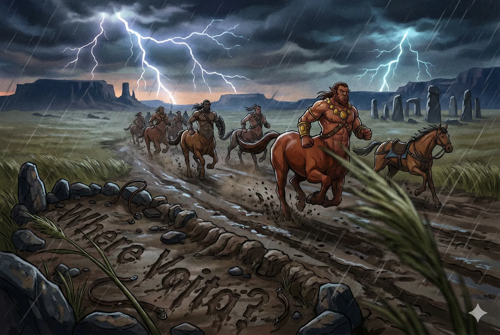 Hooves drum and the earth answers. A line of centaurs spills across the plain as rain needles the dust into dark seams, lightning cracking like torn canvas above distant mesas. The riders lean forward with a childlike trust in speed, muscles slick with rainlight, bronze rings chiming softly against skin. Wind tastes of iron and wet grass; it smells sharp, like stone struck together. Beneath them, a path opens where the ground itself speaks, letters carved deep enough to gather water: Where Vojta? The words blur as mud splashes, then reappear, stubborn as the stones that frame them.
Someone marked this place to be found, not to be hidden. The centaurs pass without breaking stride, guardians or messengers, it’s hard to tell, their motion sheltering the message even as it risks erasing it. Standing stones watch from the right like quiet elders, and the storm keeps time, urging everyone onward. Was Vojta meant to see this sign tested by thunder and flight, or was it left for whoever survives the crossing? The herd vanishes into rain-haze, the question intact, and he is still unaccounted for.
