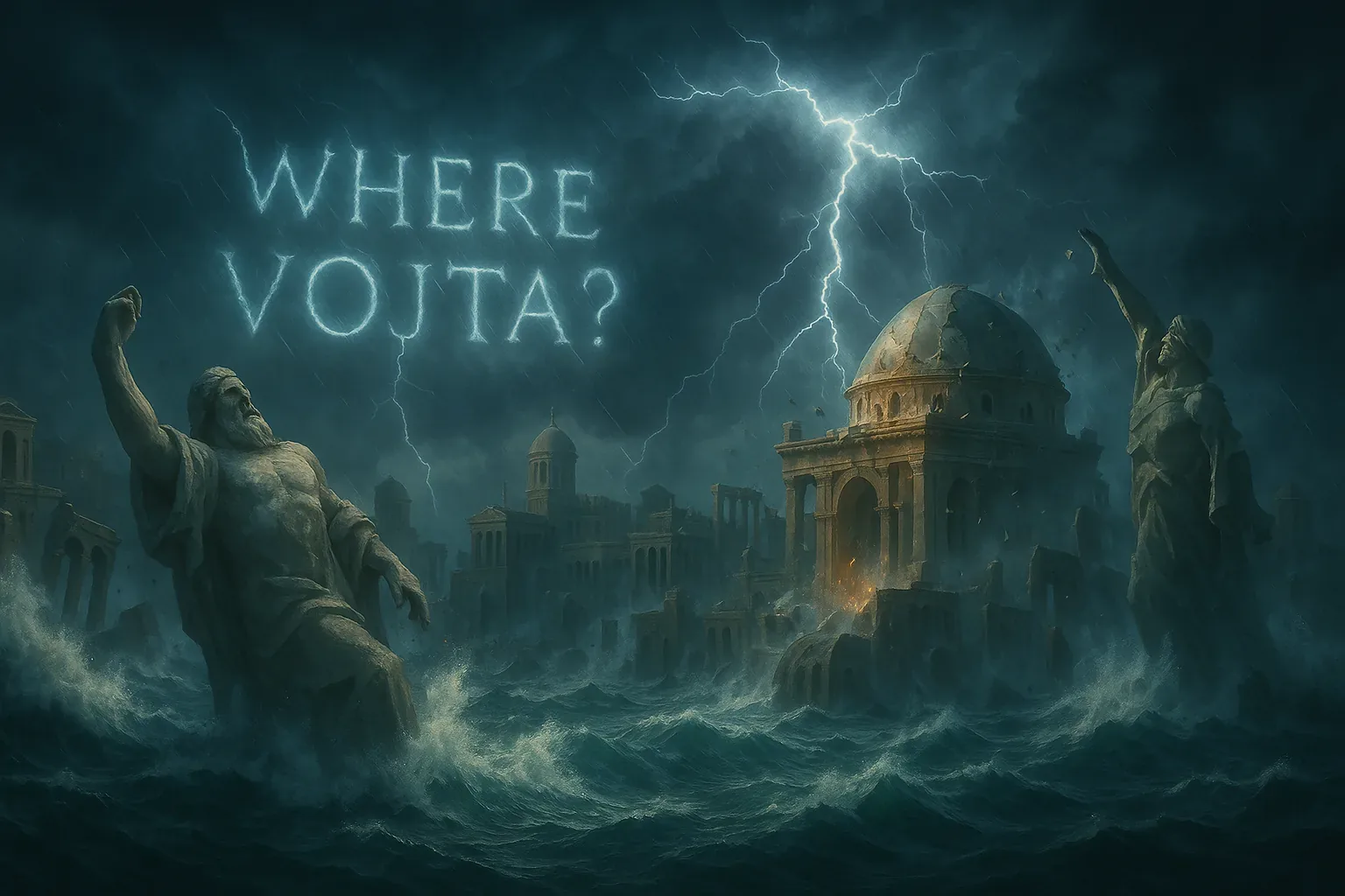I have waded these flood-ruined streets since the storm began, the salt and ash filling my mouth as thunder rolls and lightning draws the words WHERE VOJTA? across the sky. Ancient colossi lift worn arms above churning water, their carved faces like tired sentries, and the domed temple smolders where a search turned to smoke. Each broken arch and scattered pillar explains how the city fell and why the hunt grew frantic; no trace of Vojta has been found, only erased tracks and echoes.
I keep the covenant we swore in those first panicked hours, naming ruins and tallying signs as if vows could hold a shape against the rising sea. Hope clings to a single ember still burning in the temple and to the way lightning carves the question into the night; time beats like surf and the search must quicken, but Vojta remains unfound.