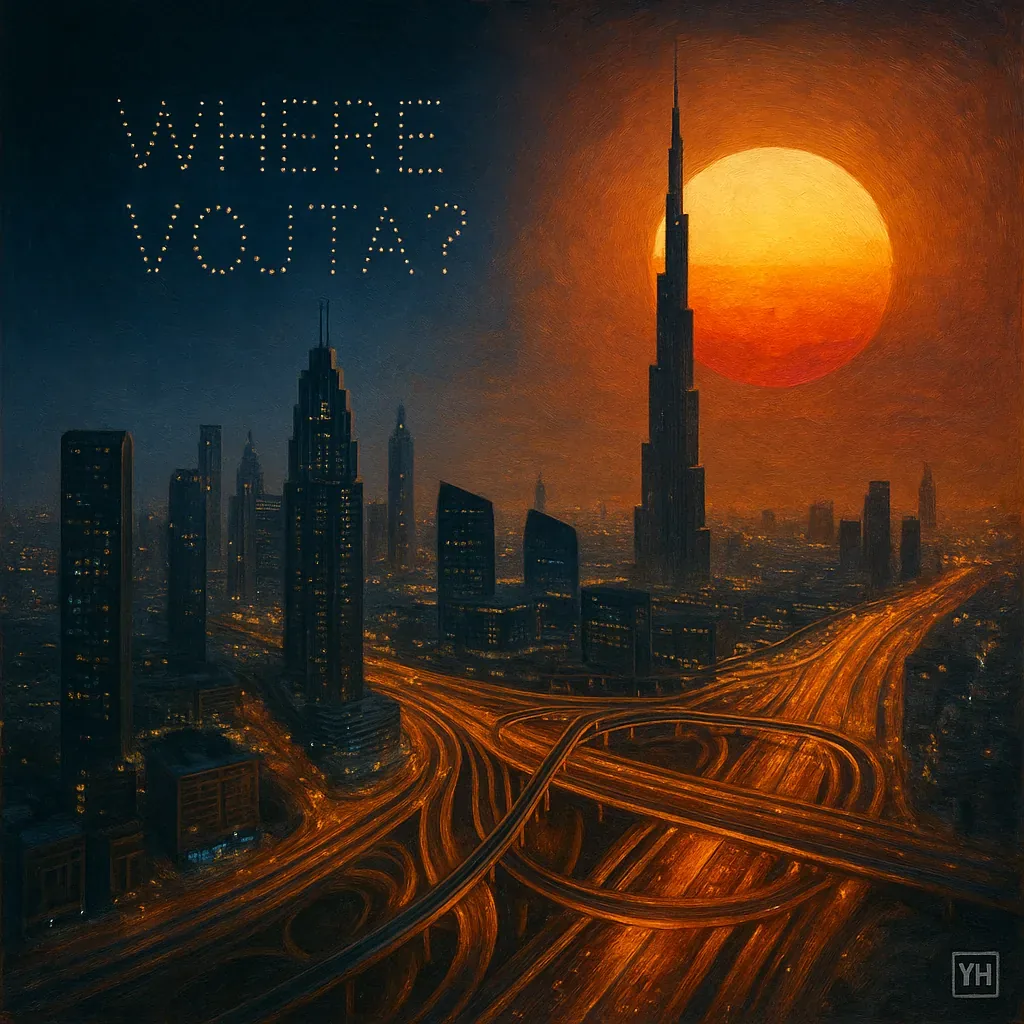 Traffic hummed like an iron hymn while the horizon burned in a disc too large for reason. Asphalt ribbons curled in patient knots, leading nowhere certain yet insisting on movement. Tower spires pierced the ember sky, sterile yet oddly expectant, as if awaiting a verdict still unsolved. A message—those punctured lights reading *WHERE VOJTA?*—hovered above the silence with an authority gentler than law but heavier than time.
Some said the bulbs spoke in code, each shimmer tallying another hour lost in circulation; others believed they signaled a pact made far beyond the desert’s ear. We walk among lanes that loop back on themselves, wondering if he ever passed beneath, unseen, or vanished at the very summit reflecting that swollen sun. What sound does absence make when the city, strung with brilliance, answers only with engines? Even now the letters gape like open doors, and Vojta remains an unanswered crossing.