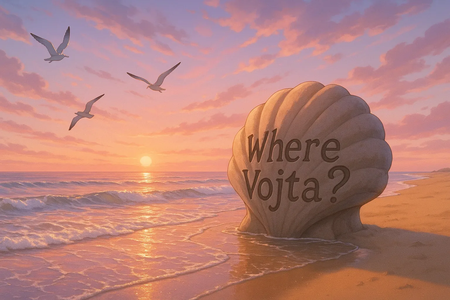 Waves curl forward in hushed increments, letting the tide whisper around the carved shell as though repeating the inscription in a language older than speech. The letters—cut deep and precise—testify to intention rather than chance; I trace their shadows with measured eyes, recalling the moment last winter when his footprints veered abruptly seaward without turning back. Above, gulls arc in synchronized lift, their bodies taut yet buoyant, splitting the scene into layers of motion that all seem to lean toward the molten horizon.

The beach yields gently underfoot, each grain cool yet faintly trembling from the pull beneath, and I feel my own spine lengthen with the thought that climbing forward—always forward—might raise both question and answer to equal height. Pale light fractures across wet sand, curling into scalloped patterns that frame this relic like a quiet verdict. And still, even now, Vojta does not surface; his absence lingers as surely as the tide’s patient breath.